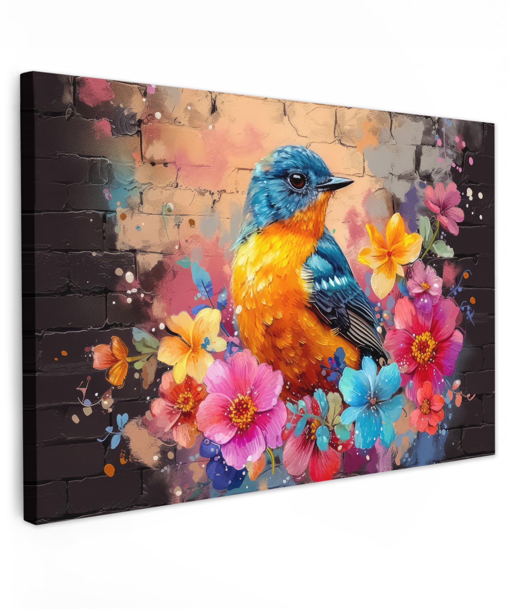MuchoWow© Canvas Wall Art 47"x31" / 120x80 cm Decor Hanging Pictures for Living Room Canvus Artwork Deco Walls Graffiti - Bird - Flowers - Street Art