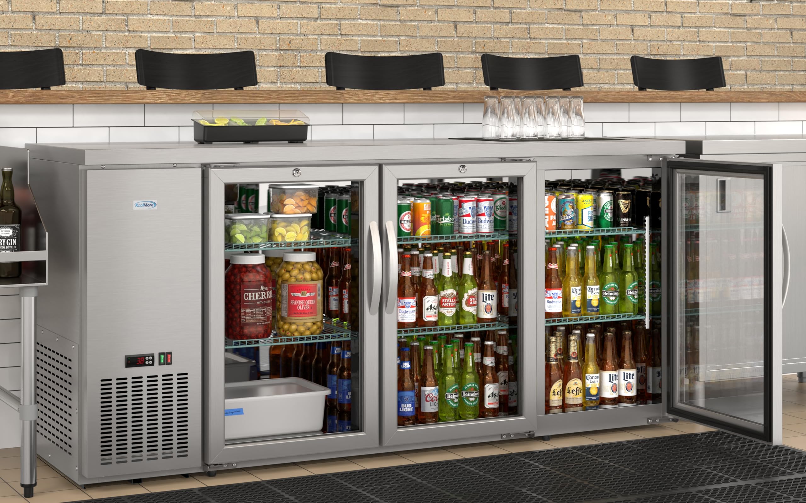 KoolMore 72 in. Commercial Three Glass Door Back Bar Refrigerator Cooler for Beer Bottle & Can Storage with Side Condenser and Compressor, LED Lighting, 18 Cu. Ft. and ETL Listed in Stainless Steel on Fridge.com