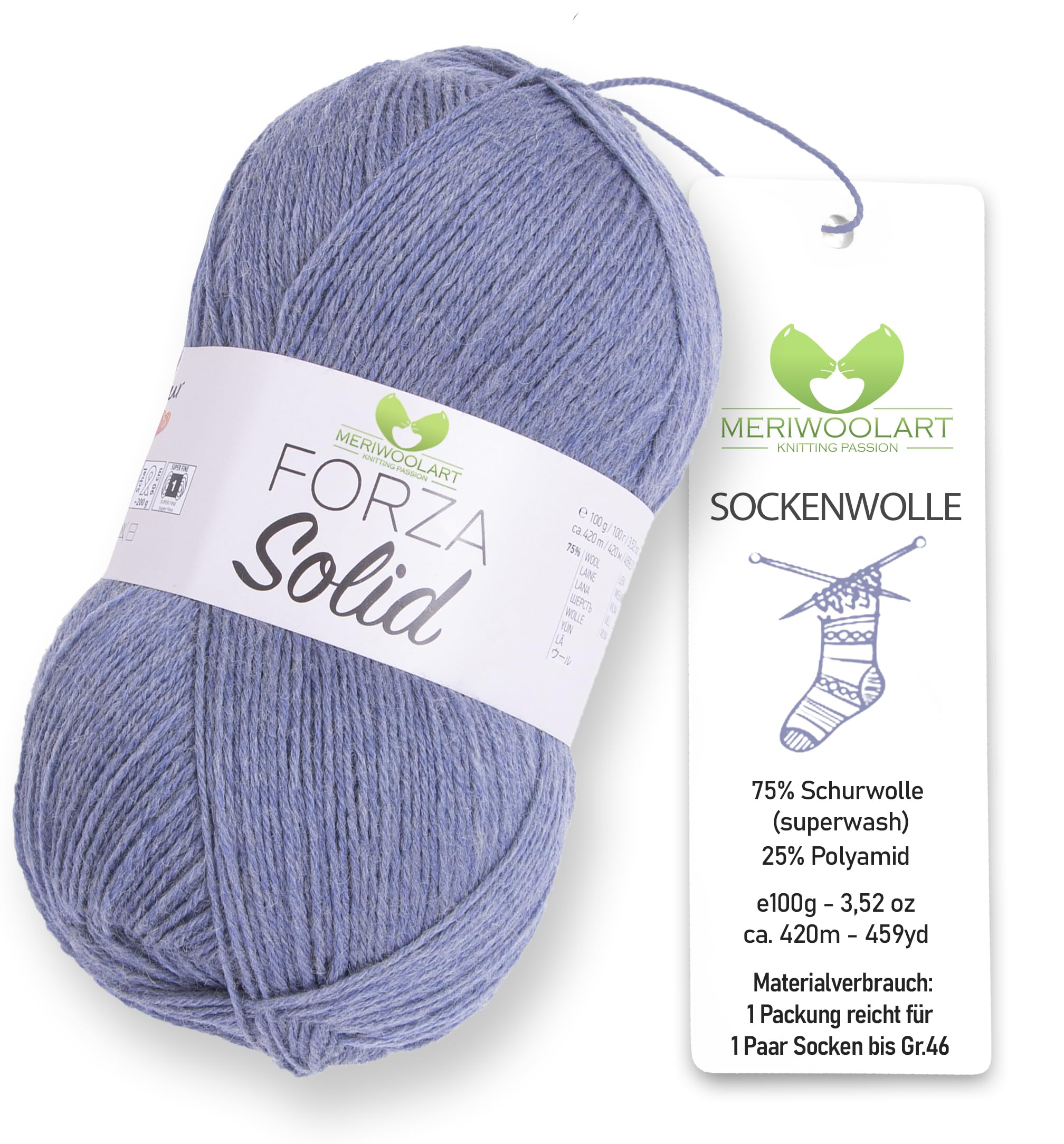 MeriWoolArt Sock Yarn, 75% Virgin Wool Superwash, 100g/420m, Purple, 4-Ply for Socks and Sweaters (Blue-Grey-4614)