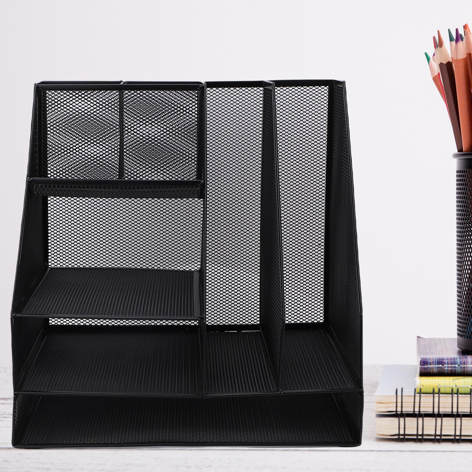 Mesh-Schreibtisch-Organizer, schwarz, verdickt, 2 Spalten, 4 Schichten, Stifthalter für Büro