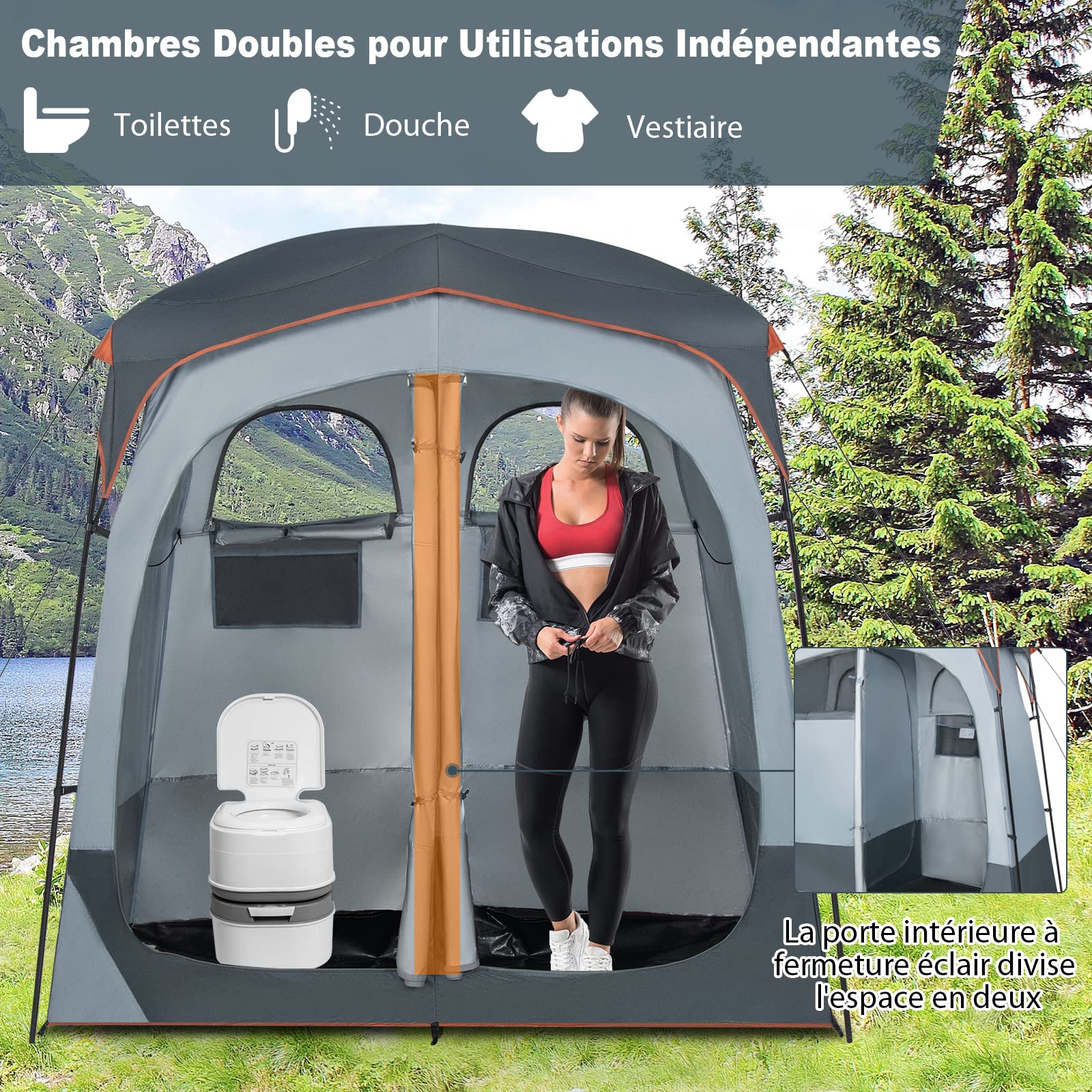 COSTWAY Tente de Douche de Camping pour 2 Personnes avec Bâche de Pluie Amovible, Tente de Vestiaire Portable en 2 Parties avec Sac de Transport Corde à Linge 210x107x210CM