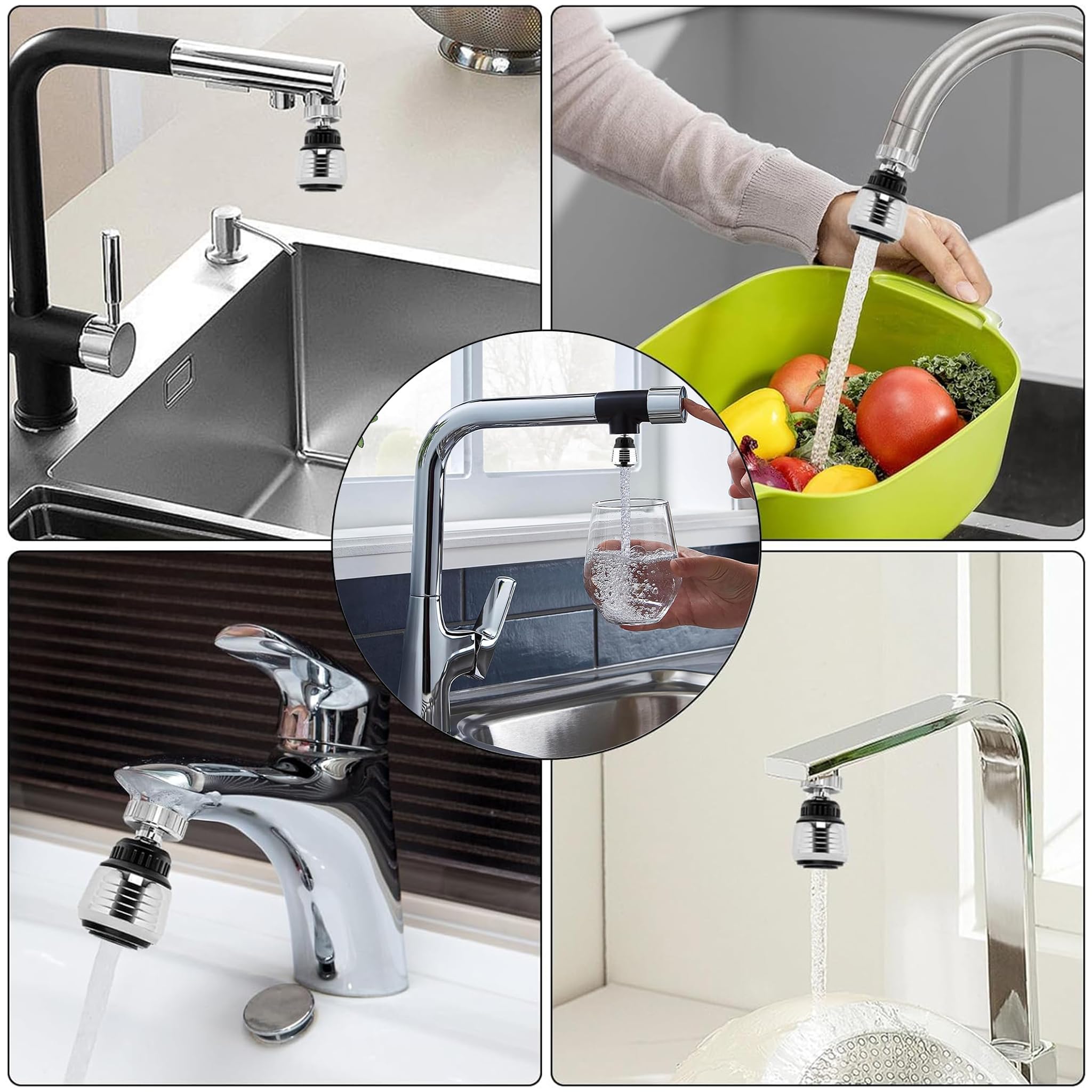 2 Pezzi Set Bocchetta Rubinetto Orientabile, Regolatore Getto Rotante 360° con 2 modalità e Adattatori per Cucina e Bagno (Argento)