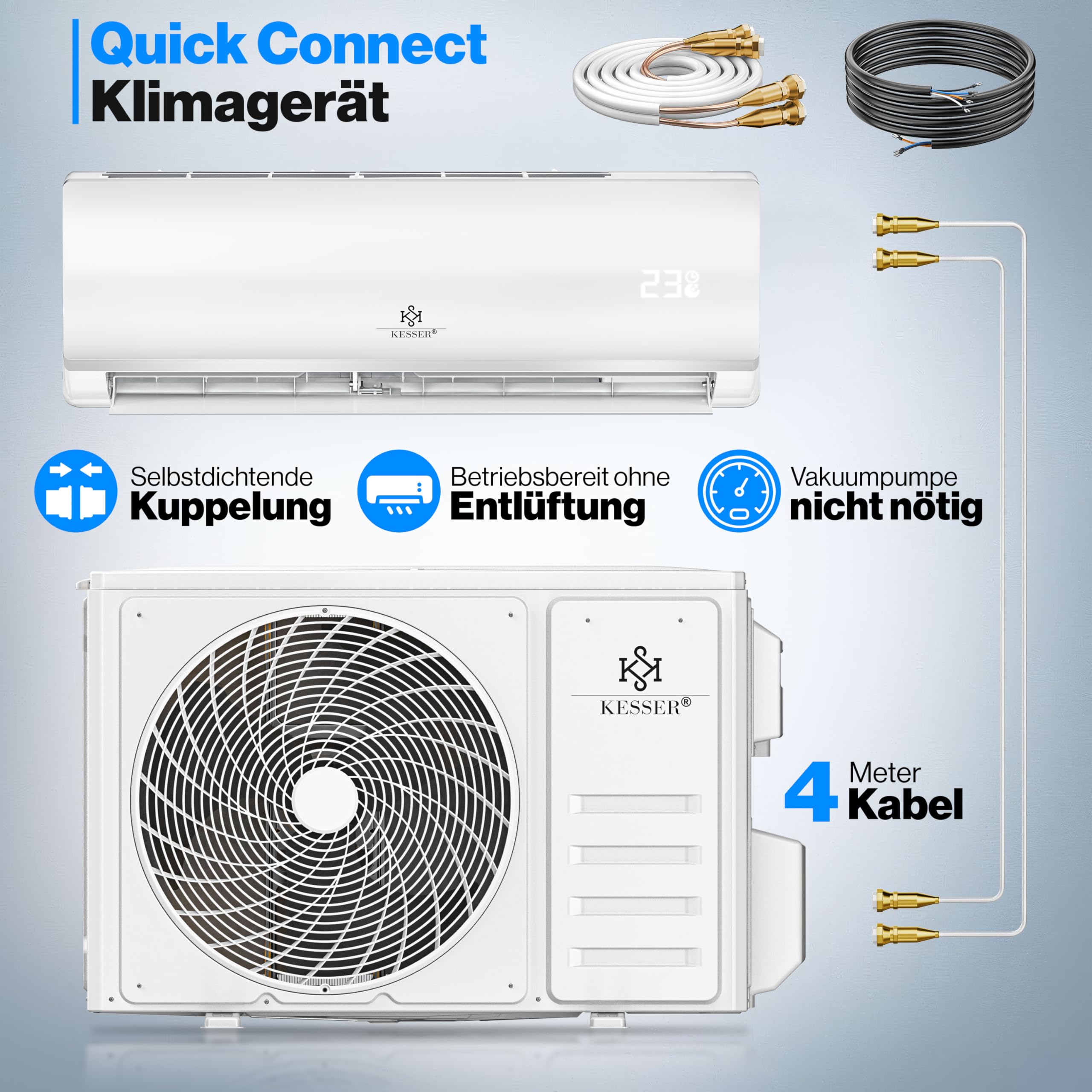 KESSER Split Klimaanlage Set Quick Connect 9000 BTU 2,6 kW WiFi Klimagerät mit Heizfunktion & Kühlmodus R32