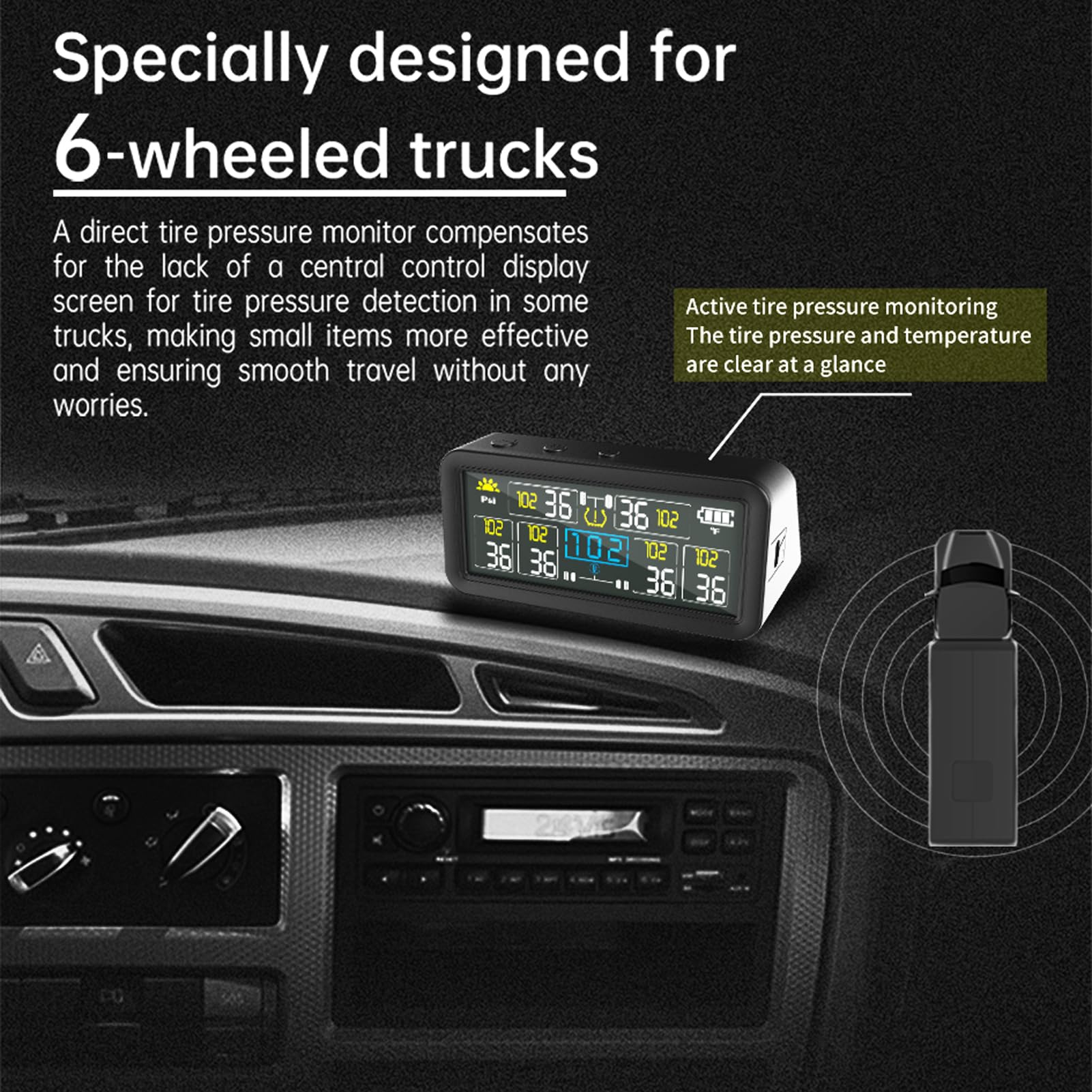 Shkalacar Reifendruck Kontrollsystem Solarbetrieben, Automatisches Überwachungssystem mit 6 Externe Sensoren LCD Display Auto EIN Aus Temperatur Alarm für LKW Anhänger Geländewagen