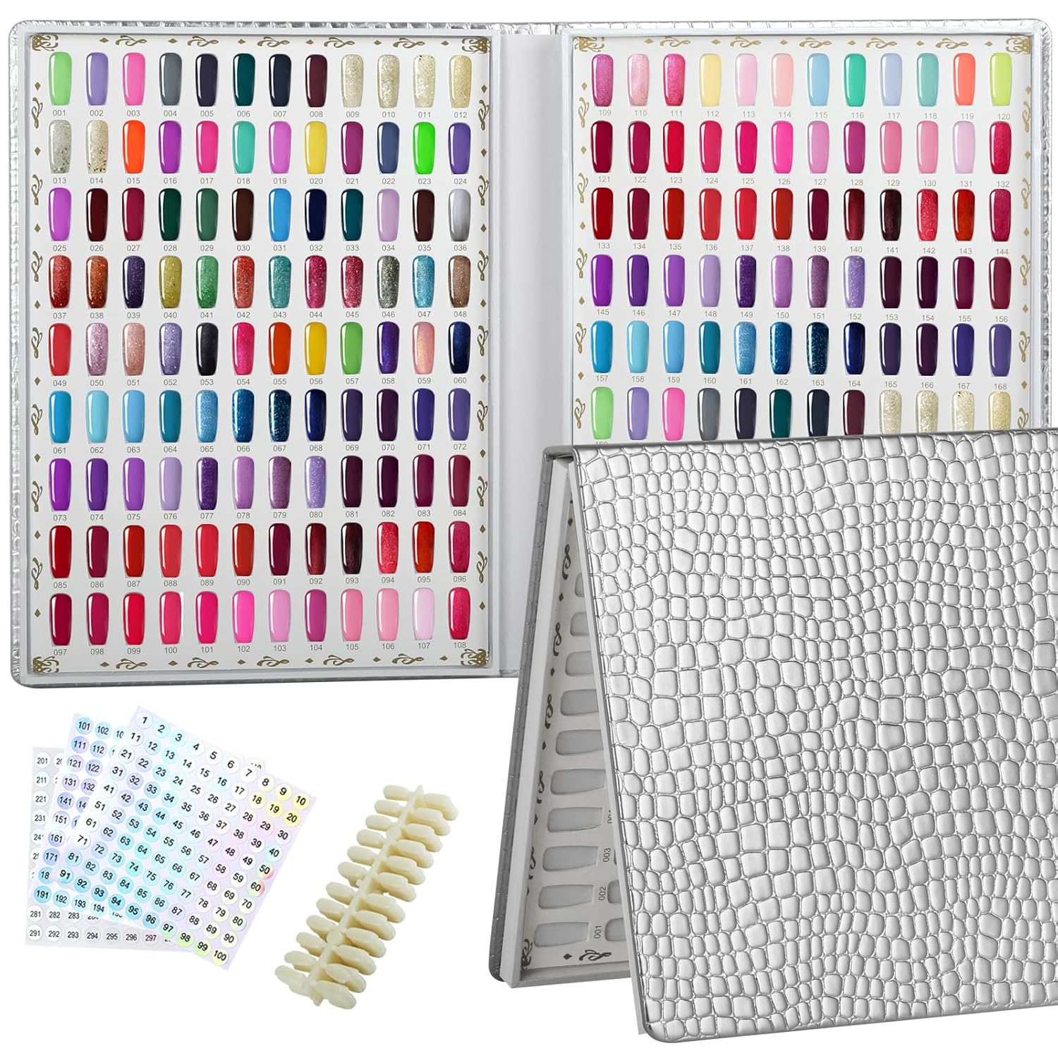 216 Colors Nail Swatches Book with 240 Nail Tips and Number Labels Leather Nail Gel Polish Display Book Nail Painting Practice Design Board No Need Pasting, No Need Glue 216 Sliver