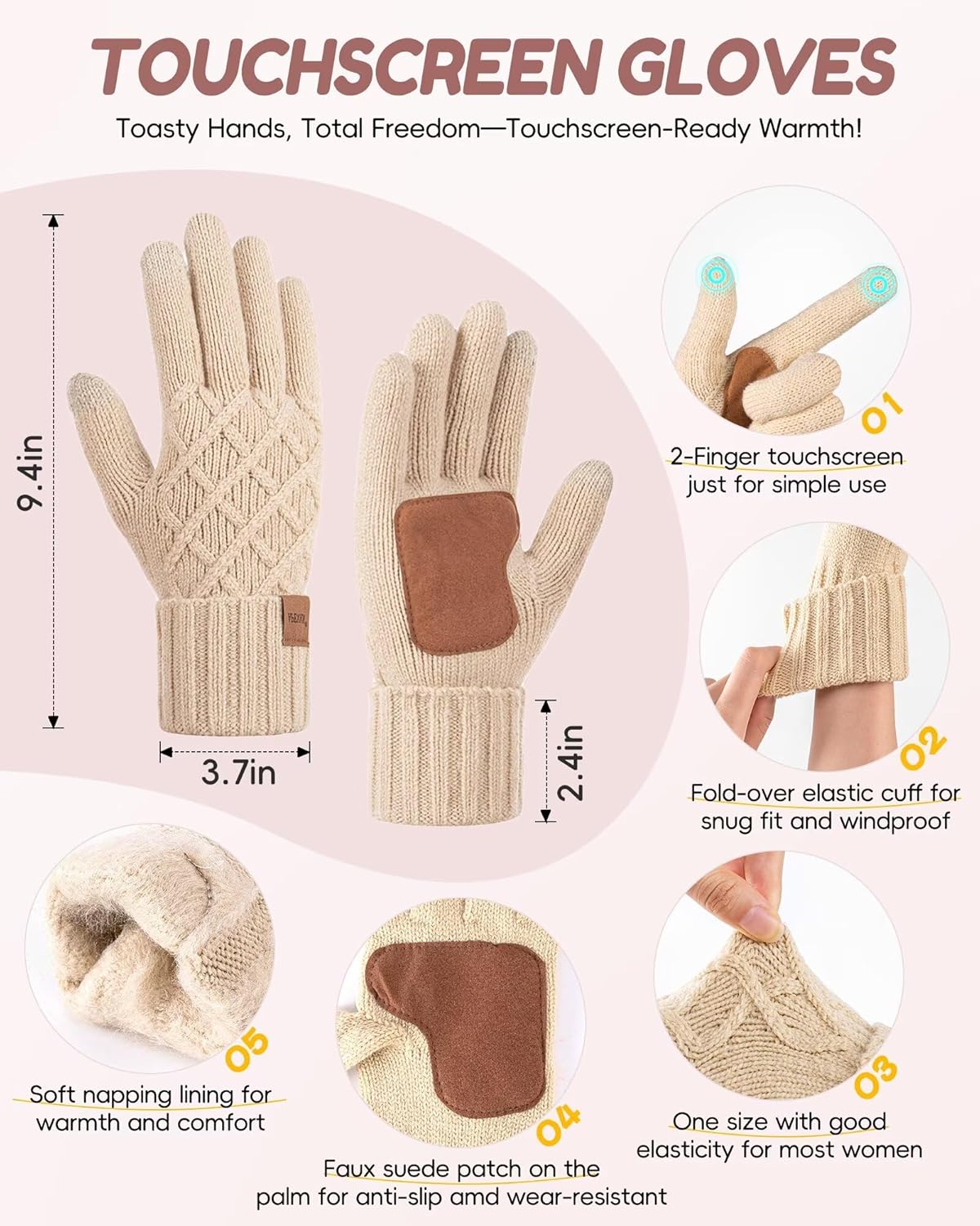 Womens Winter Hat Gloves Scarf Headband Set, Pom Pom Beanie Long Scarf Touchscreen Gloves Ear Warmer, 4 in 1 Warm Gift Set - Image 4