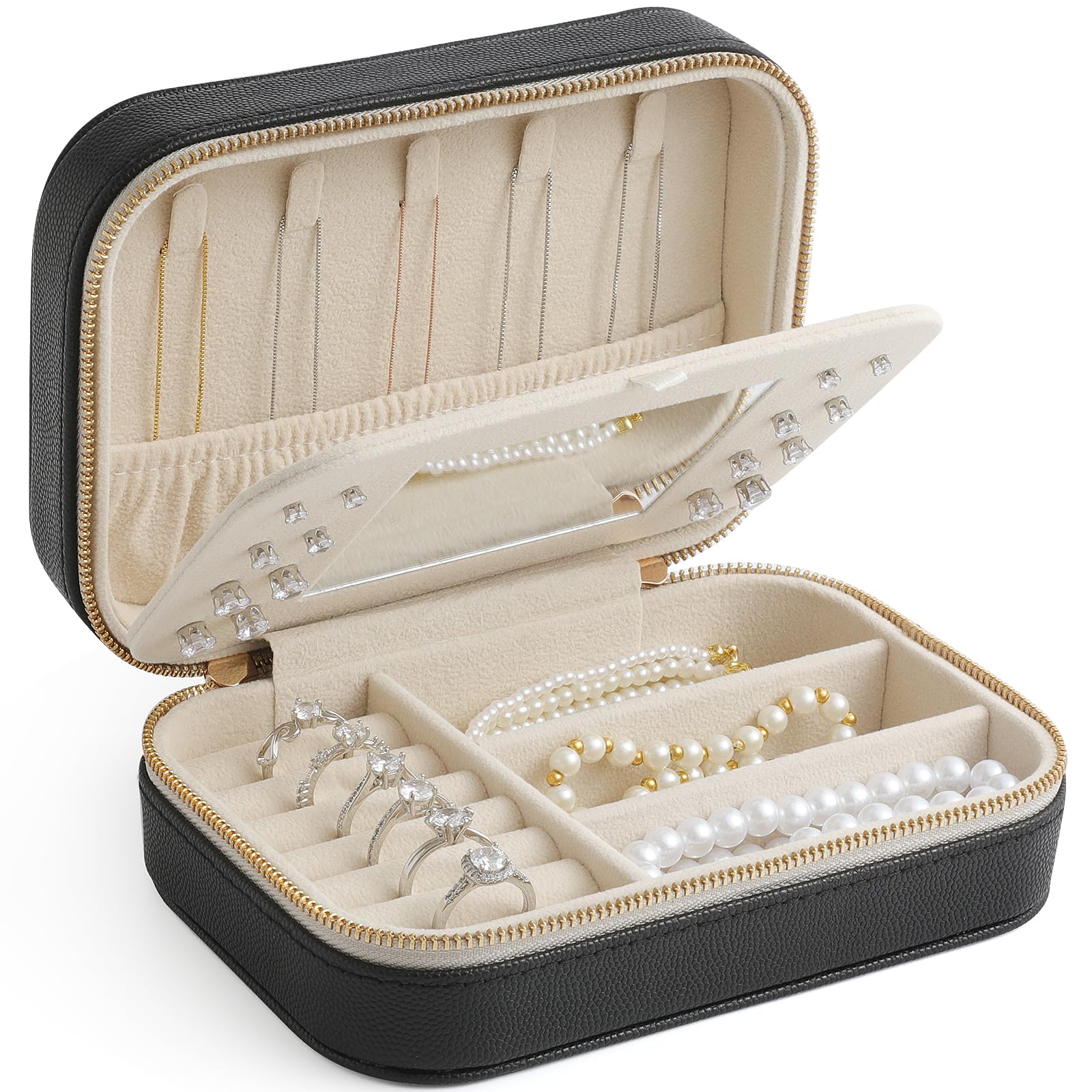 Genuine Leather Travel Jewelry Organizer Case with Mirror for Women Small Mini Portable Jewelry Box for Ring Earrings