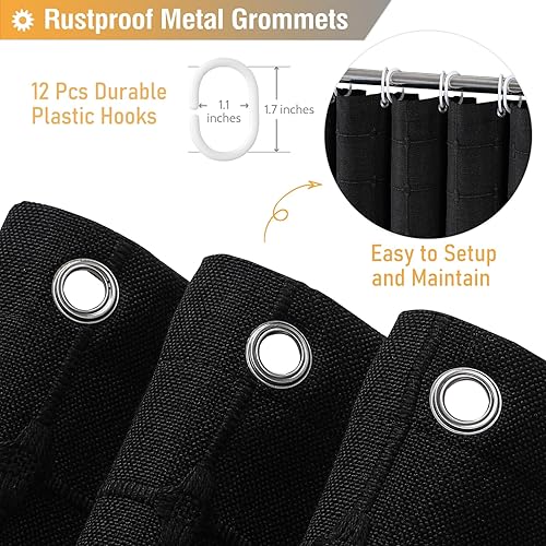 Miniatura 4 de BTTN - Cortina de ducha negra estilo bohemiocampestre, de lino rústico, de tela resistente, juego de cortinas con borlas, repelente al agua,