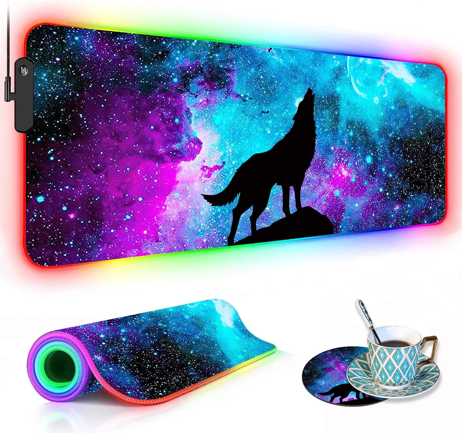 RGB Gaming Mouse Pad with Coffee Coaster, XXL Large Glowing LED Mousepad, Anti-Slip Rubber Base, Computer Keyboard Desk Mouse Mat 31.5 X 11.8 Inch - Blue Galaxy Nebula Wolf