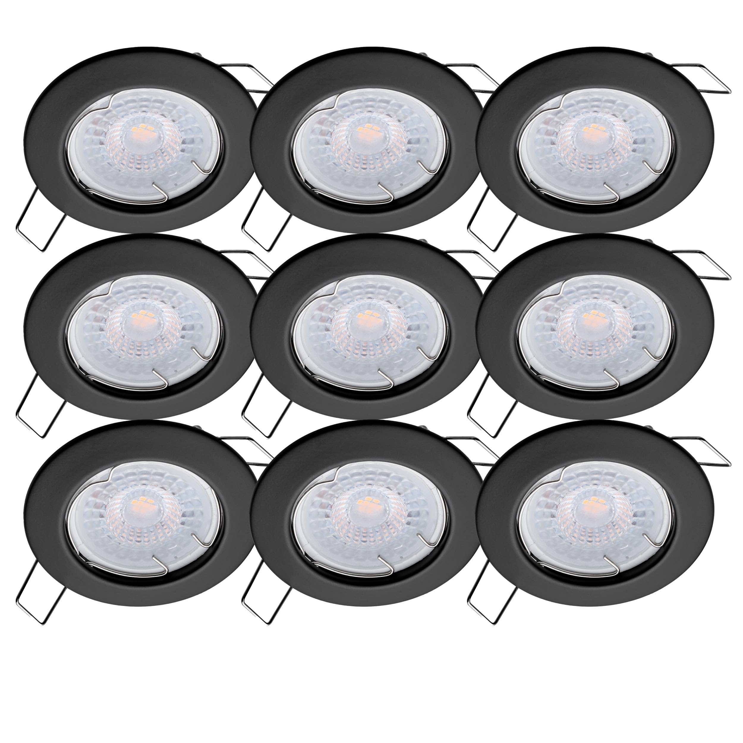 Oktaplex 9er Set Sedan Einbauspot 230V LED Spot 22mm Einbautiefe flach | Warmweiß 3000K, Lochmaß 60mm, 4,8W, 380lm, 110° Einbaustrahler Schwarz rund