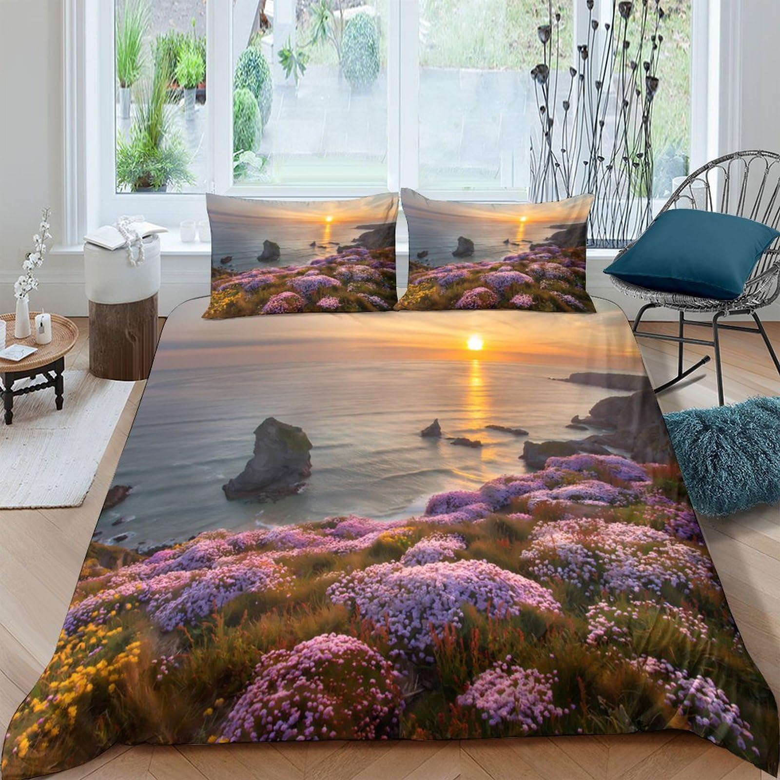 GPLZQXKJNH 3D Printed Sunset Wildflowers Duvet Cover Microfiber Soft Breathable Ocean Landscape Bedding Set with 2 Pillowcases for Bedroom Decor Single（135x200cm）