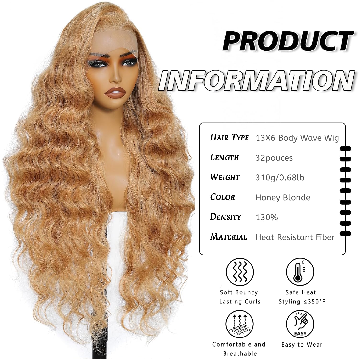 SOKU Długa peruka blond miodowy blond wstępnie depilowana linia frontu z baby hair koronka przód HD przezroczysta 13x6 syntetyczna peruka 32" styl Body Wave dla kobiet włókno odporne na ciepło