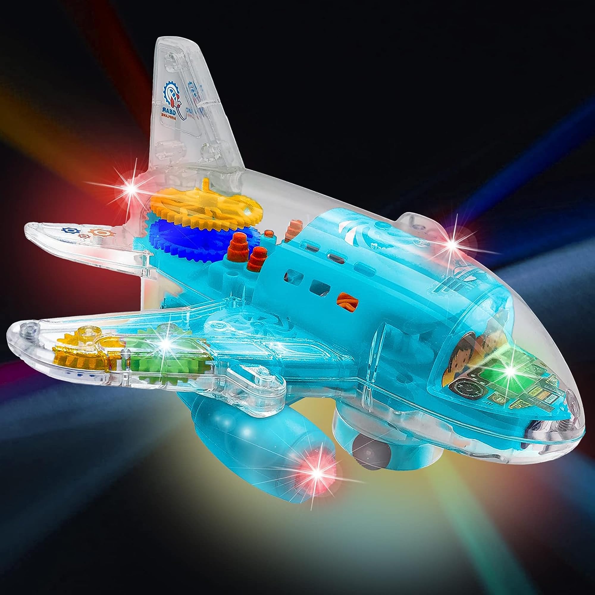 RAINBOW RIDERS Transparent Gear Plane Colorful Flash Music Airplane Toy Boys & Girls Musical Electric Toys with Bump & Go Action Plane with 3D Lightning, Moving Gears & Music (Blue)