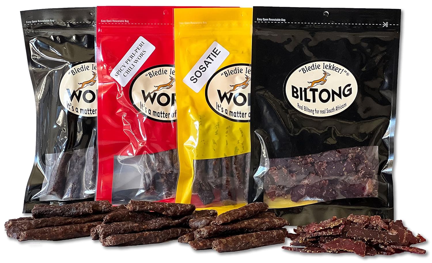 Bledie Lekker® 4 Pack Sampler - Biltong, Droewors, Sosatie, Spicy Peri-Peri Chili