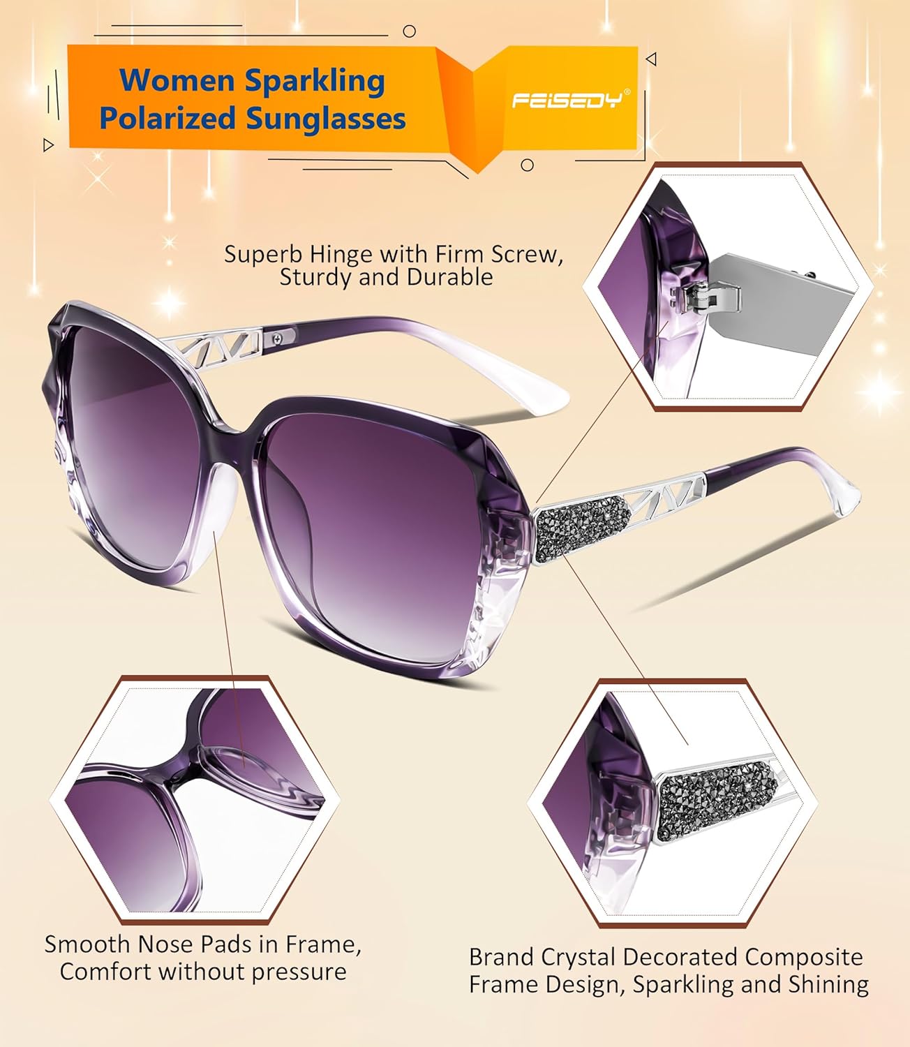 FEISEDY Polarized Women Square Sunglasses Sparkling Composite Shiny Frame B2289