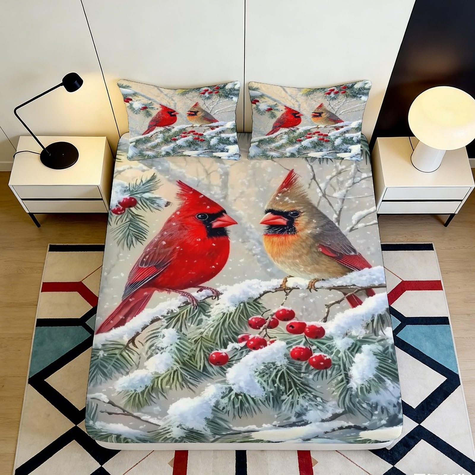 3D Printed Red Cardinal Birds Fitted Sheet Microfiber Winter Snowy Pine Mattress Cover for Bedroom Guest Room Decor 90x200x25cm