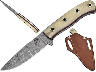 Knives Ranch Handmade Damascus Steel Knife Full Tang Quad Lanyard Hole Knife Cattle Bone Handle Heavy Duty 45 Degree Pancake Sheath Snug Fit (3112-B) - Knives Ranch