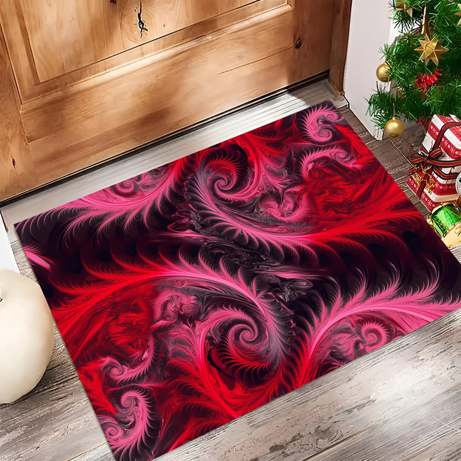Paillasson Intérieur 50x80cm Abstrait Rouge Rose Fractale Plume Antidérapant