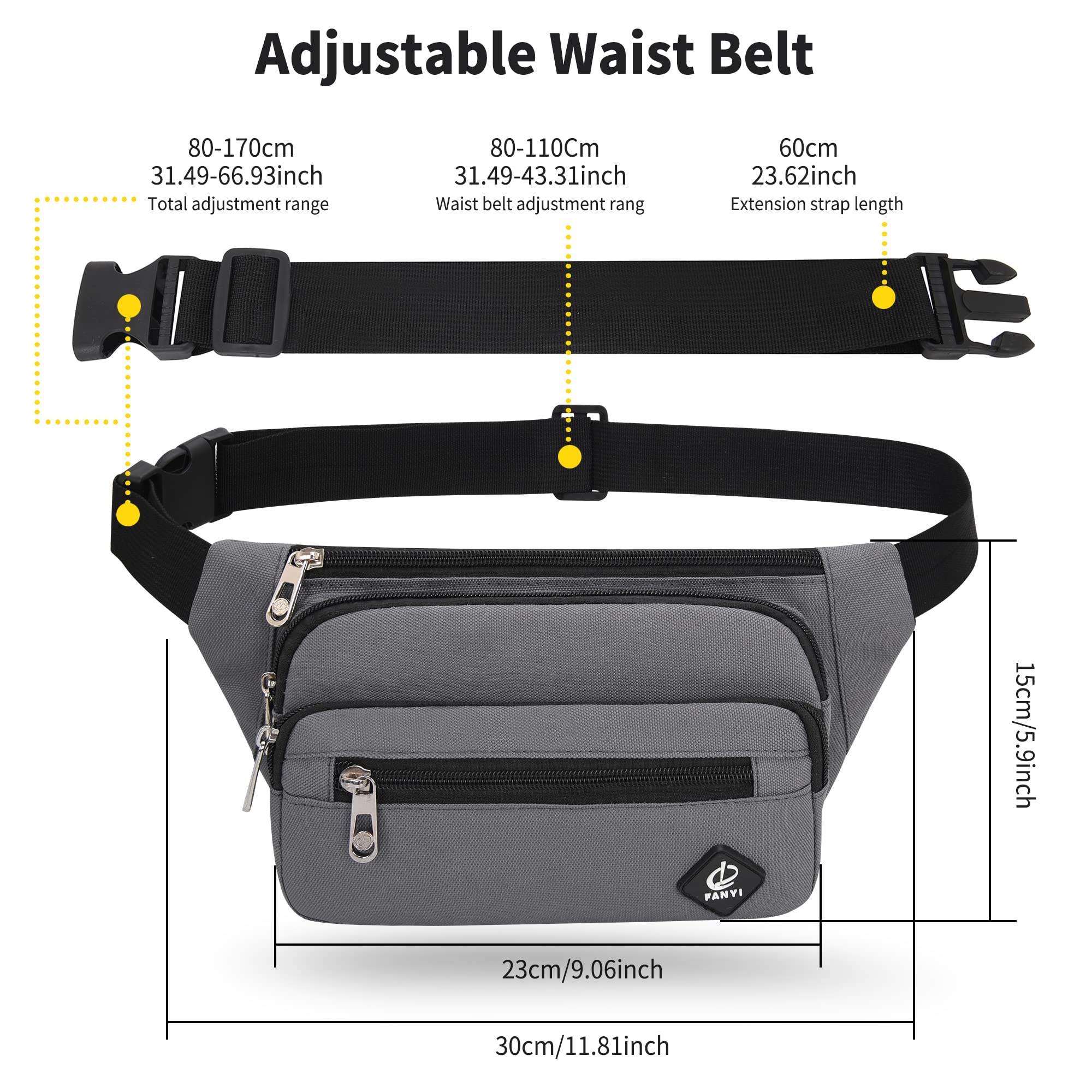 Sac Banane Taille Homme Femme Ville Sacs Banane Unisexe avec Ceinture allongée de 60 cm et Poches à 4 Fermetures à glissière Ceinture réglable pour la randonnée d'entraînement en Plein air (Gris)