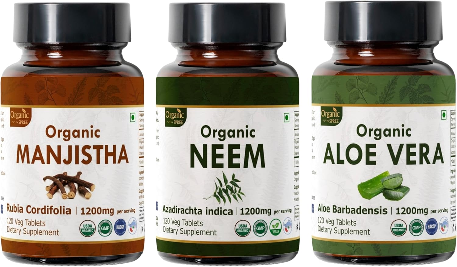 ORGANIC SPREE Manjistha, Neem & Aloe Vera Supplement – 120 Tablets Each – USDA Organic, Supports Skin & Digestion – Rubia Cordifolia, Azadirachta Indica & Aloe Barbadensis