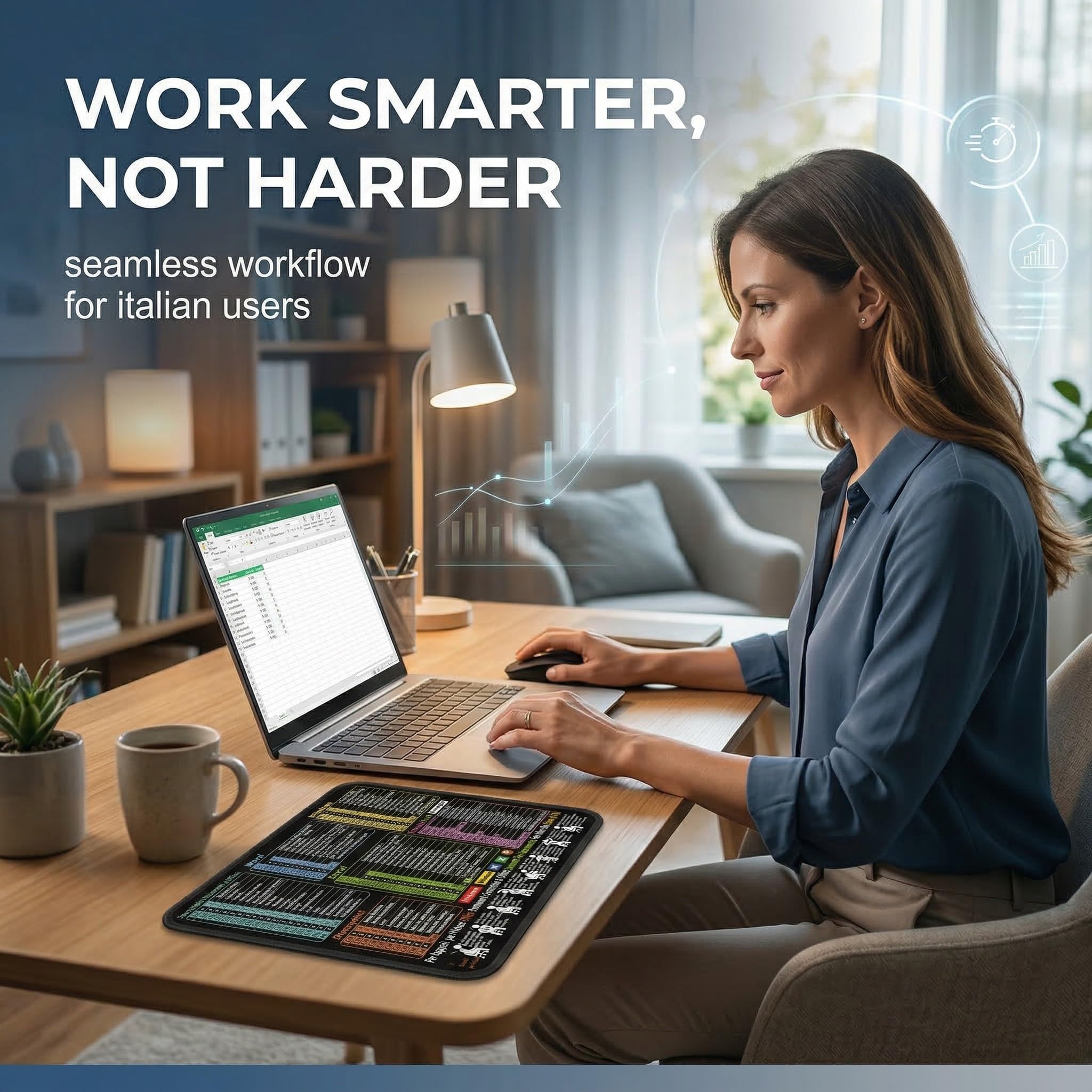 1 Tappetino Mouse con Tasti di Scorciatoia in Italiano (Excel, Word, PPT, Windows), 300x250mm, Tappetino per PC Antiscivolo, per un Posto di Lavoro Efficace