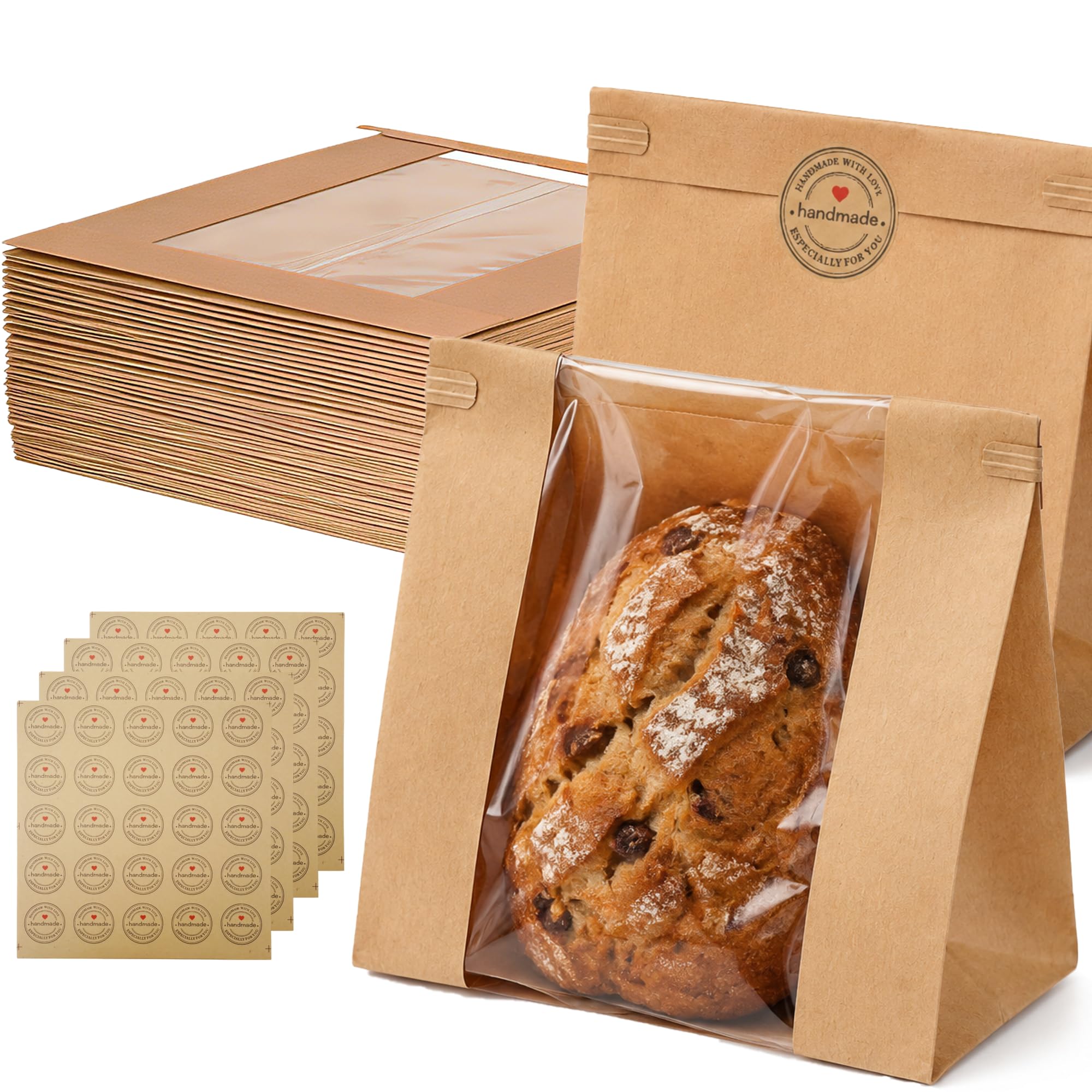 100 Stück Brottüten Papier 26x11x26cm mit Fenster | 80gsm PE-Beschichtung, Frisch Halten, Faltbar, Groß Kraftpapiertüten mit Fenster und Aufklebern, für Toast, Kekse, Cookies