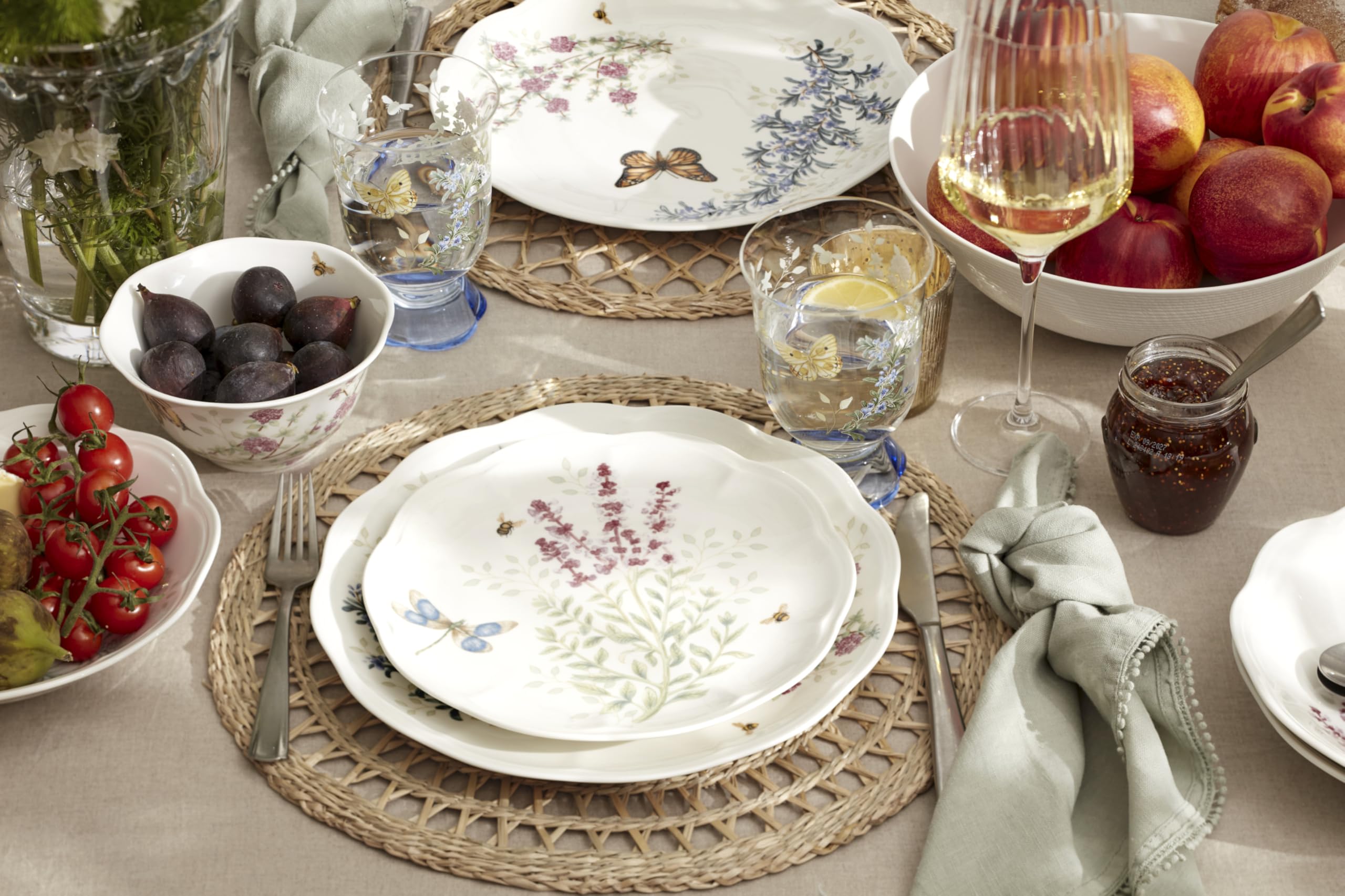 Lenox 897792 Tafelservice Butterfly Meadow Herbs 12-teilig | Keramik, spülmaschinenfest, mikrowellengeeignet | Teller und Schüssel-Sets für Küche und Esszimmer, Geschirrset, Geschirr