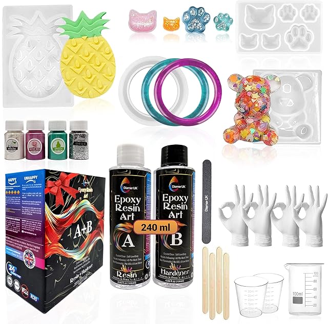 Diamer UK® Epoxy Resin Kit - 240ml Crystal Clear Resin kit Beginner with Mold, mica Powder pigments, Graduated Cups, Frosted Rod. Epoxy Resin and Hardener for Jewellery Making Art Craft Wood Table