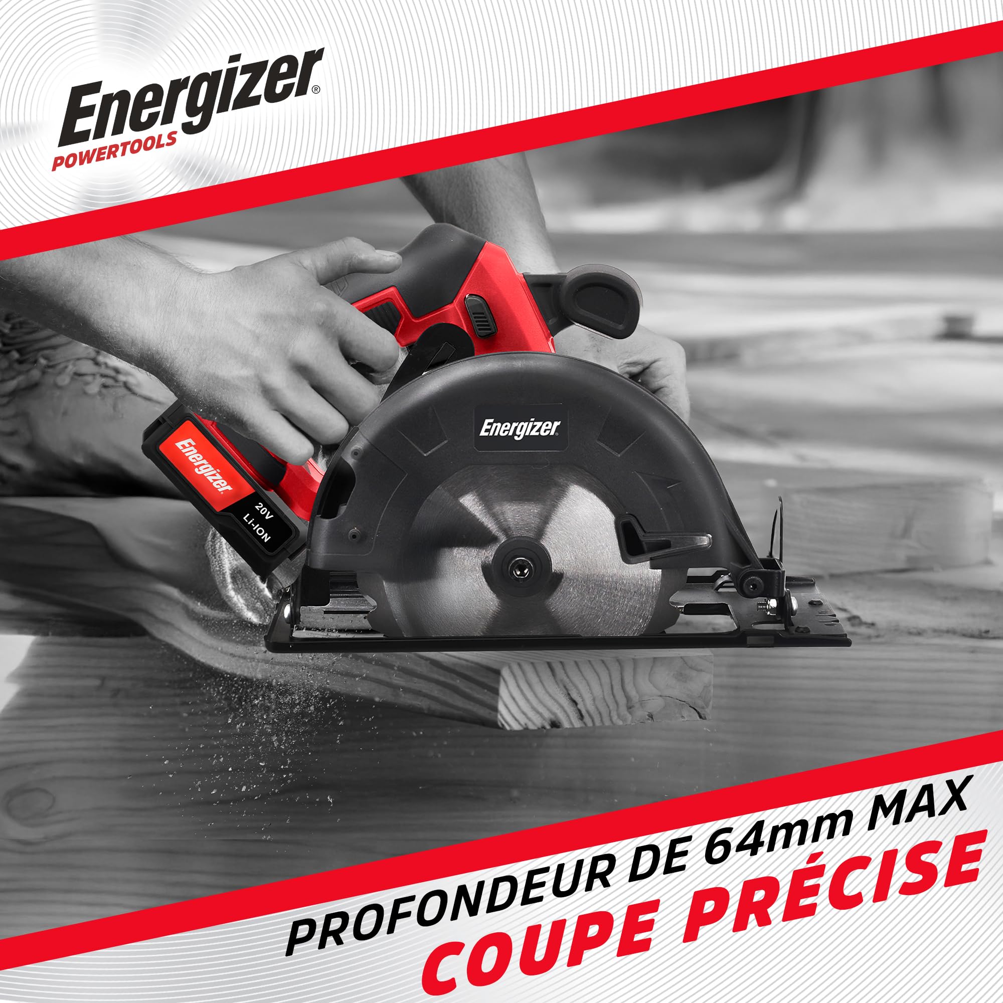Energizer - Sierra circular a batería de 20 V (pilas incluidas) - 4000 rpm - Hoja de 165 mm/Corte hasta 45 mm (33 mm a 45°) - Guía de desplazamiento + llave de cambio + hoja para madera incluida