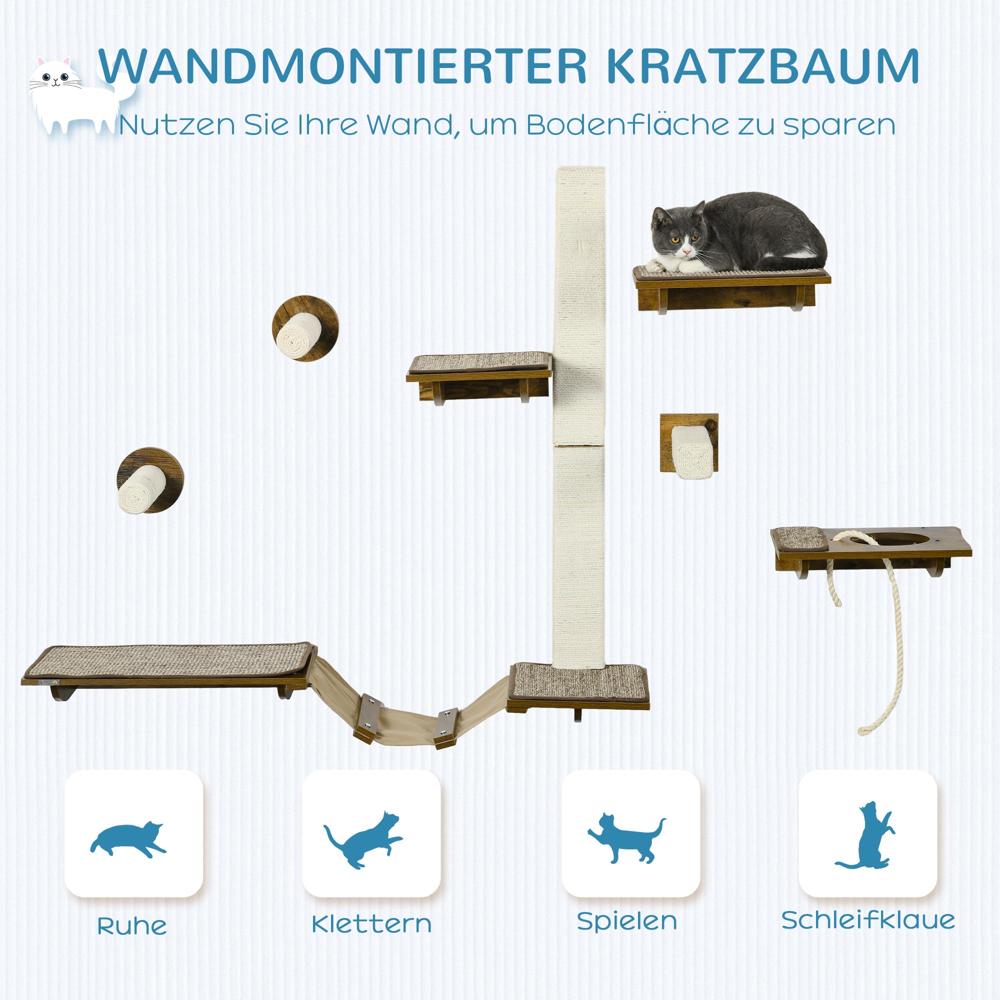 PawHut Kletterwand Katzen 8-teilig mit Kratzbäumen bis zu 5 kg Braun