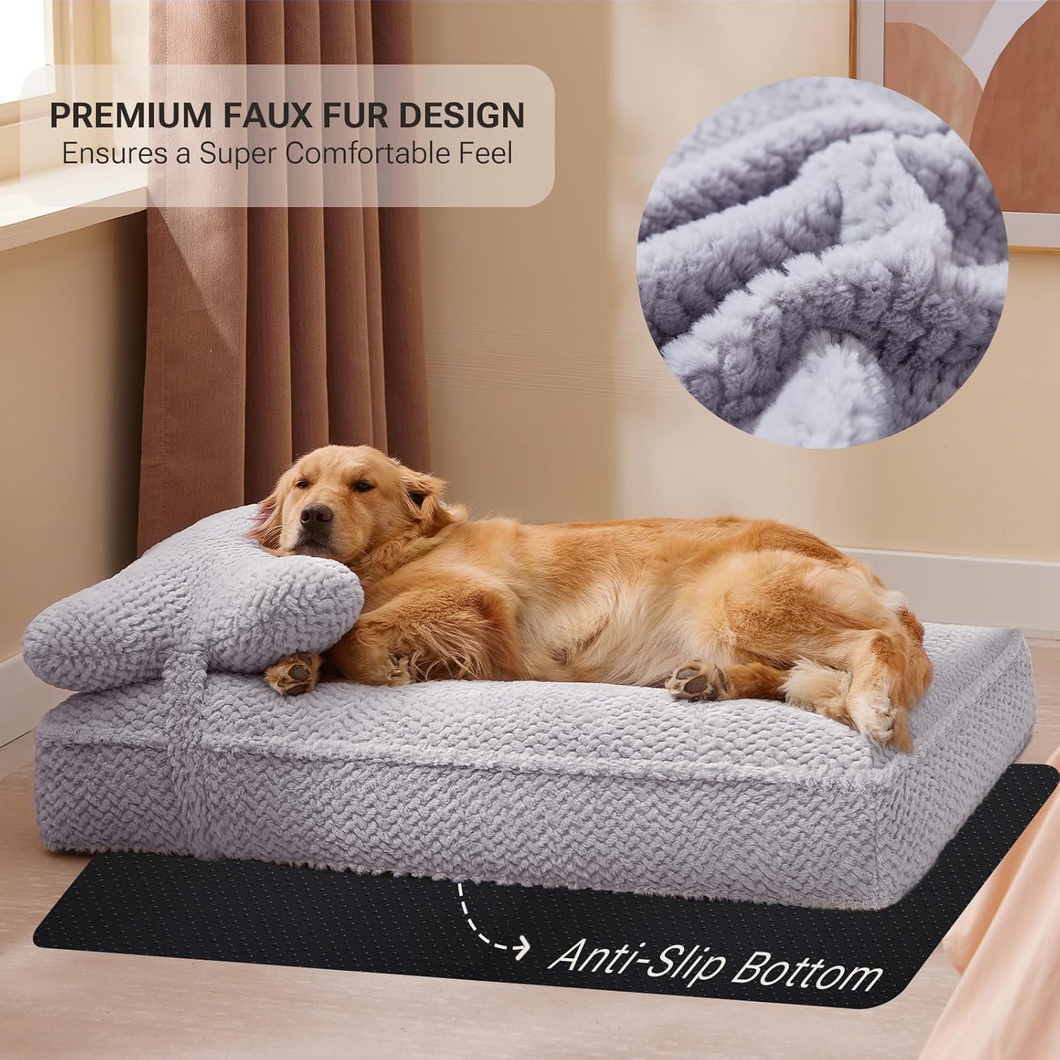 Soft Touch Faux Fur Dog Bed for Medium to Large Sized Dogs 8.5" Extra Thick, Orthopedic Pet Bed with Waterproof Liner and Washable Cover, with Removable Cute Pillow, Grey Color