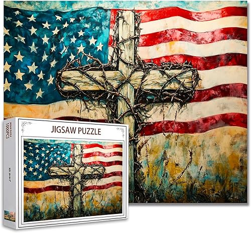 Miniatura 7 de Rompecabezas vintage de la bandera estadounidense de 1000 piezas para adultos, rompecabezas de Cruz cristiana de Estados Unidos para desafiantes