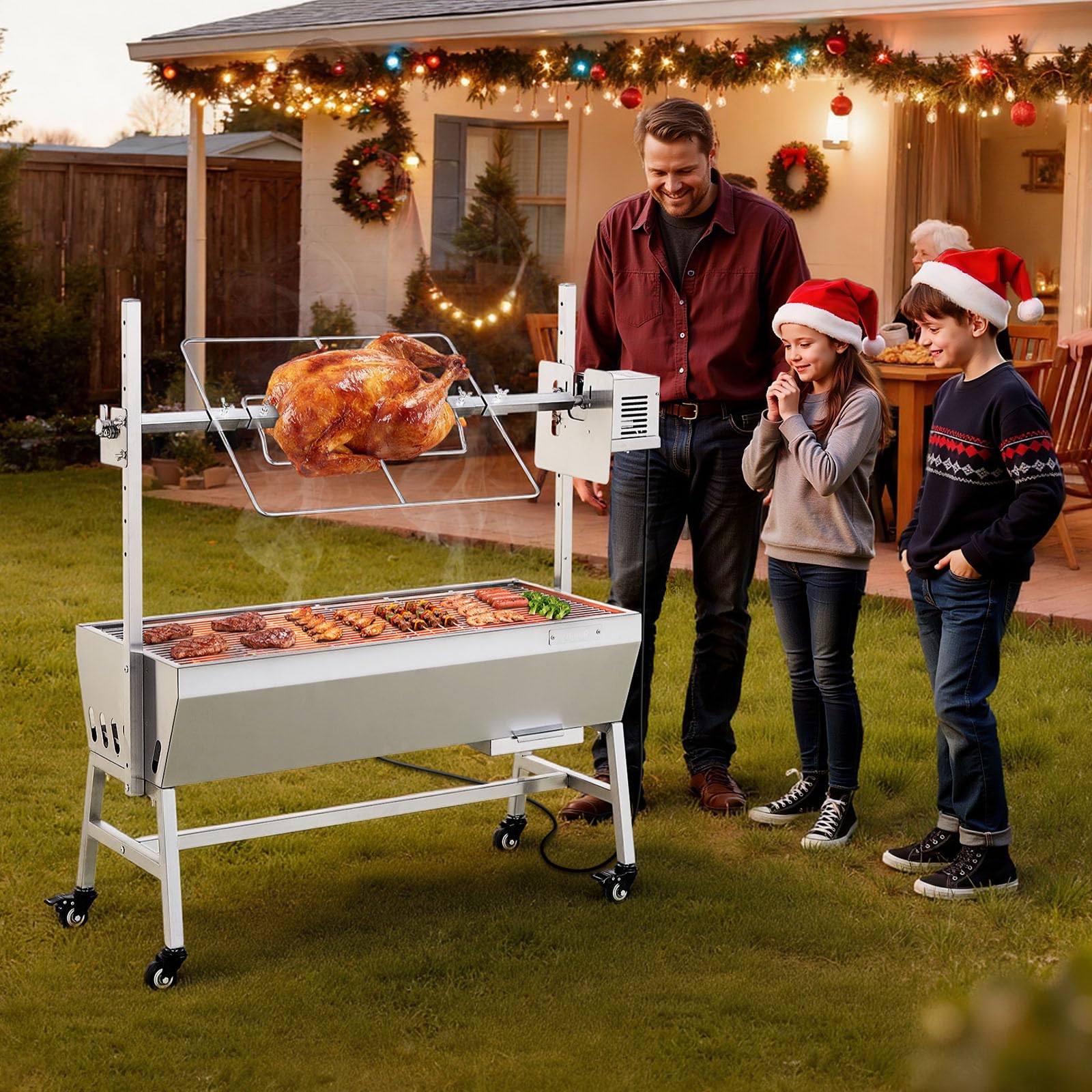 VEVOR Griglia per Arrosto da Barbecue Griglia a Carbone, Lunghezza 94 cm 38 W con Capacità di Carico di 60 kg e Ruote e Regolazione dell'Altezza a 7 Vie, in Acciaio Inossidabile per Campeggio