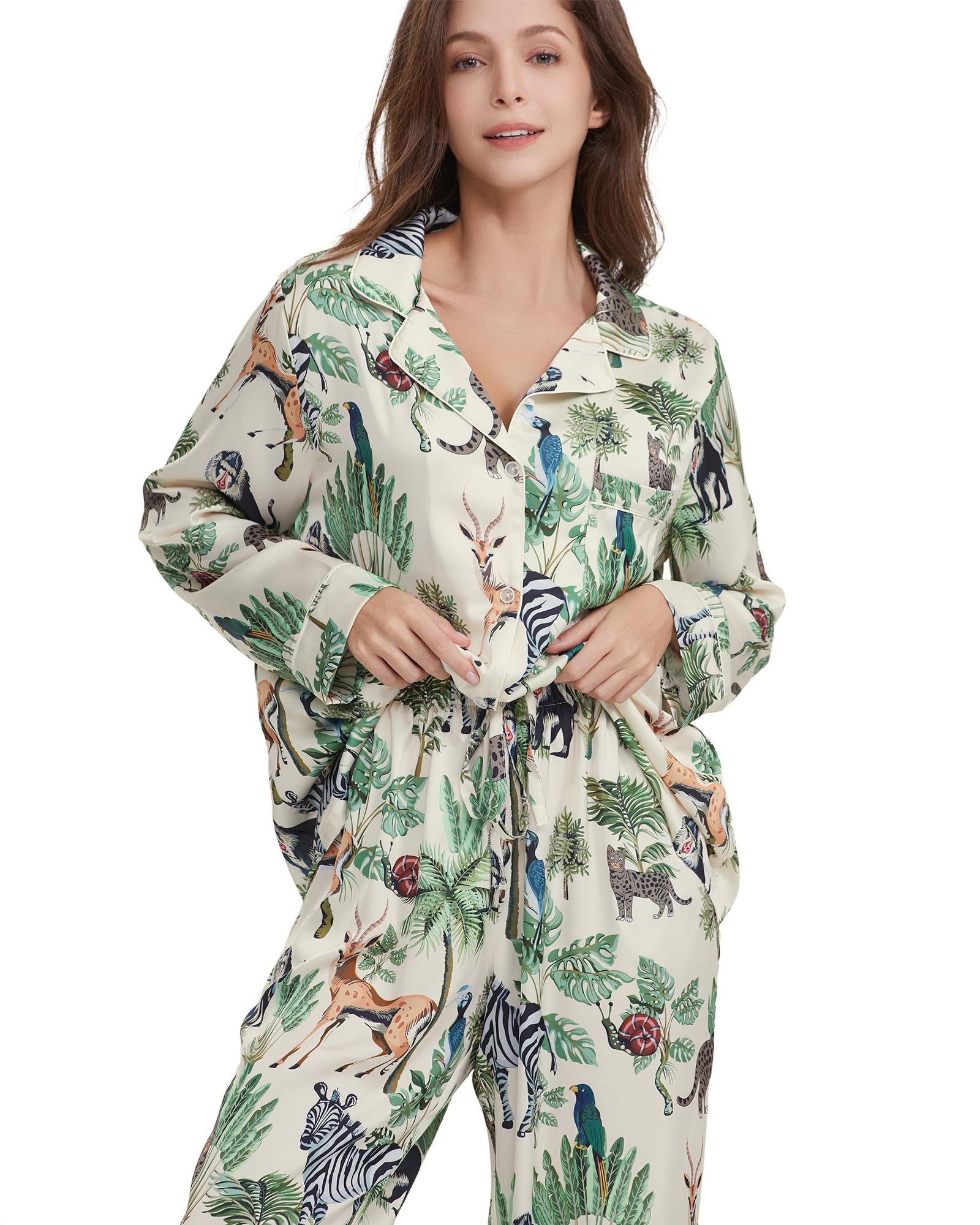 YiNi LuLu Conjunto de pijama de satén de seda para mujer, pijama de 2 piezas con botones, manga larga, ropa de dormir de gran tamaño con bolsillos