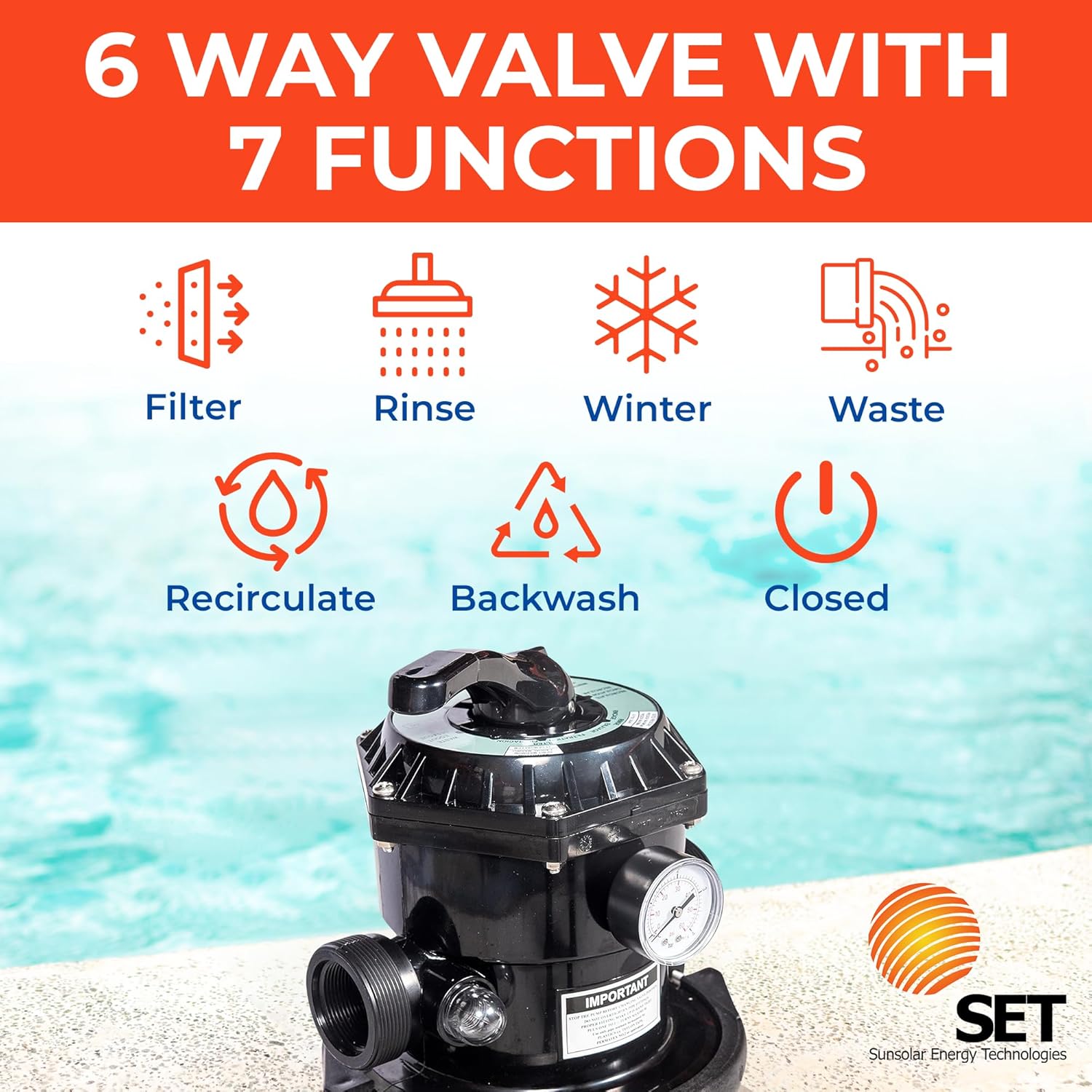 SUNSOLAR 6-way multi-port valve with 7 functions