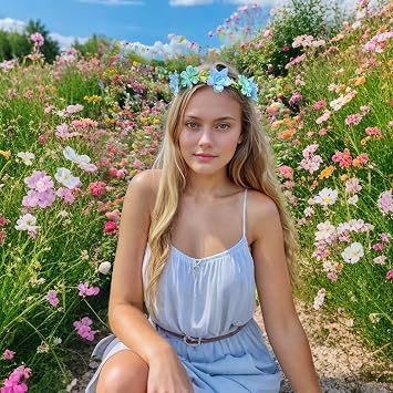 Hawaiian Flower Headbands Girls Women Boho Hair Wreaths Floral Hairband Luau Accessories Bridal Wedding Crown Tiaras - 2 Pack, Pink & Blue