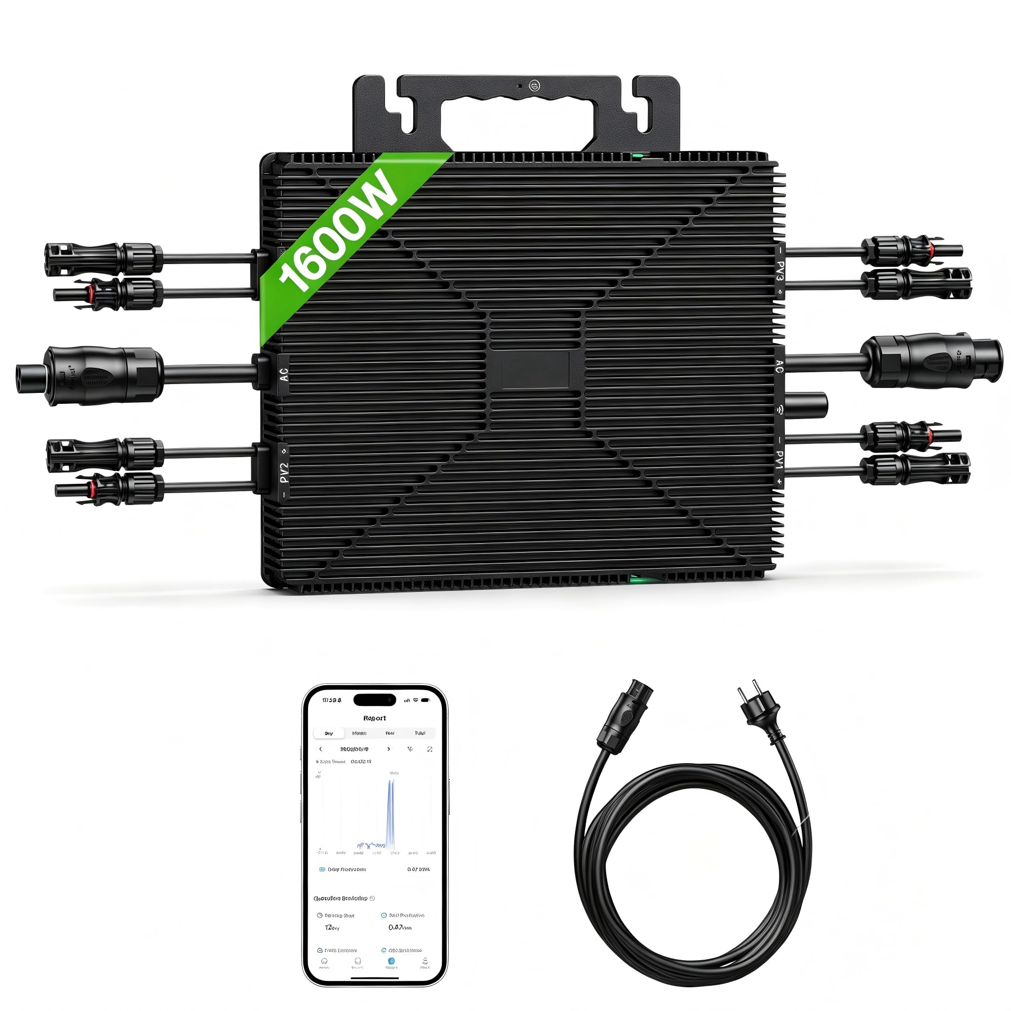 Balkonkraftwerk Wechselrichter 1600W, intelligenter Mikrowechselrichter mit WLAN & Bluetooth, Fernüberwachung per App, integriertes MPPT, IP67 wasserdicht sowie (1600W+5m KABLE)