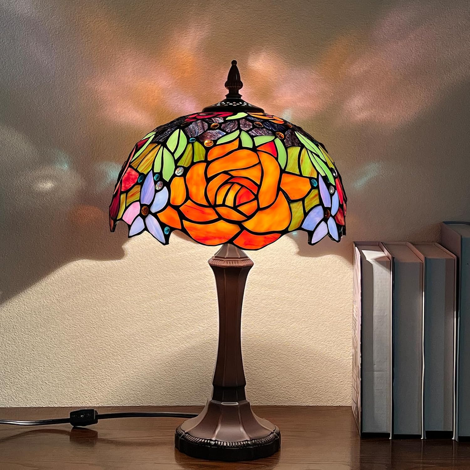Capulina Tiffany Lamp Stained Glass Table Lamp,12X12X20 Inches Red Rose Tiffany Style Desk Reading Lamp for Living Room Bedroom Study Home Office