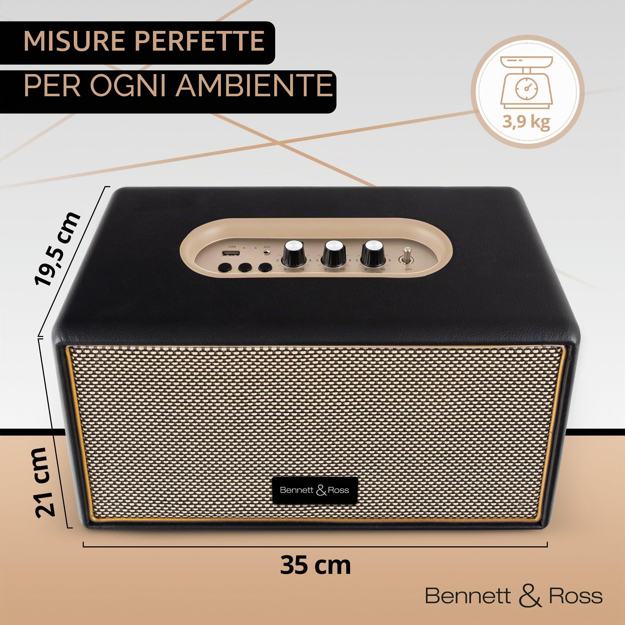 Bennett & Ross BB-860BK Blackmore altoparlante bluetooth retrò in pelle - Altoparlante vintage da 2x 30 W - Speaker ingresso USB con lettore MP3 - Jack da 3,5 mm e ingresso Aux - Cassa nero