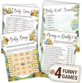 Winnie Baby Shower Games Boy - Pooh Baby Shower Bingo Cards For 25 Guests, Word Scramble Guess Who Mommy Or Daddy Game Ideas For Party Decorations
