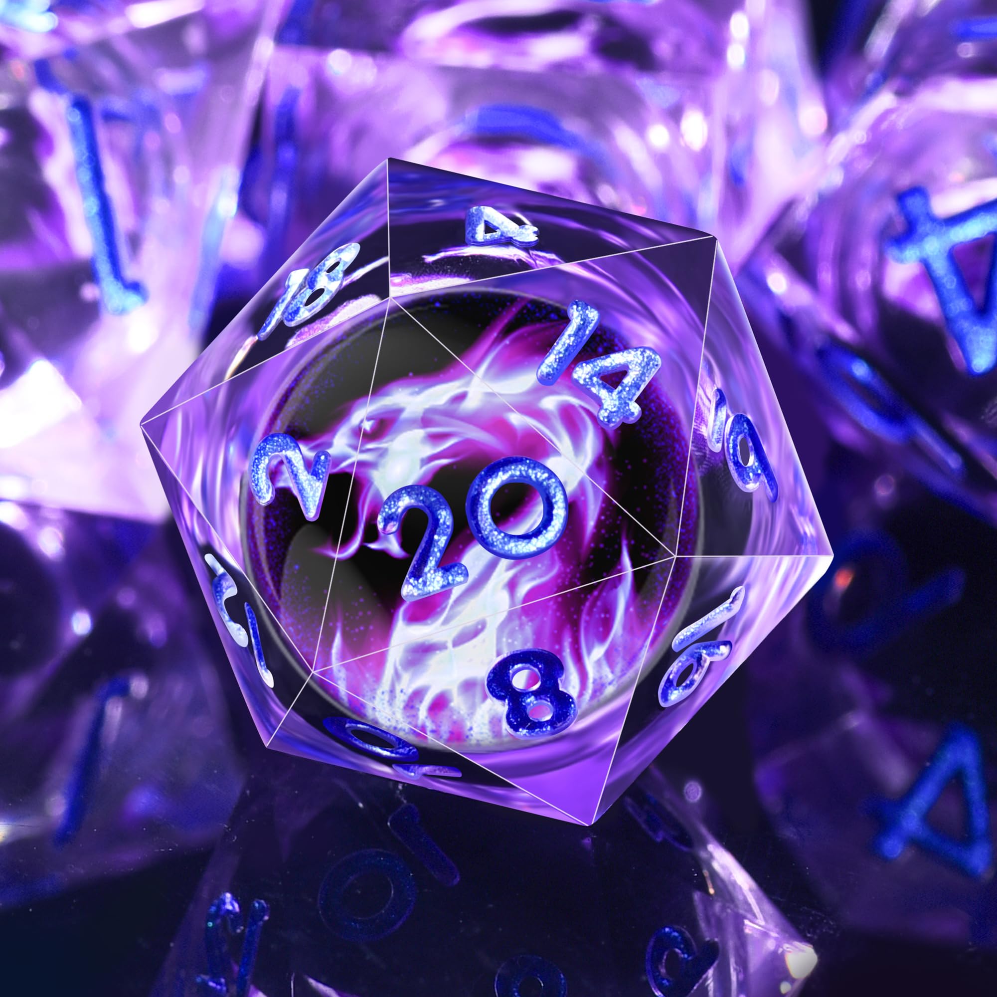 AUSTOR Violet Flame Dragon Dice Set - 7 Pieces Resin Dice: D20, D12, D10, D8, D6, D4 with Case