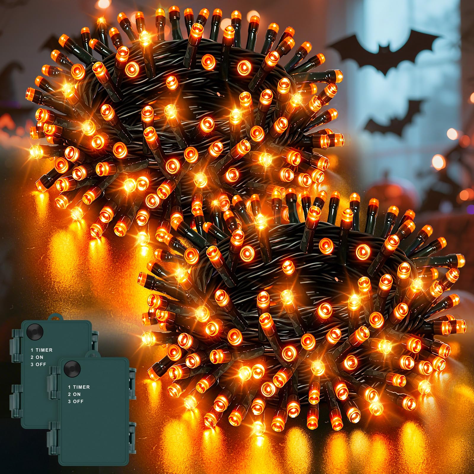 Dalugo Halloween Decoration Lights 2 Packs, 5M 50 LED Orange Fairy Lights with Timer,IP65 Waterproof Battery Operated Lights for Autumn Halloween Party Decorations