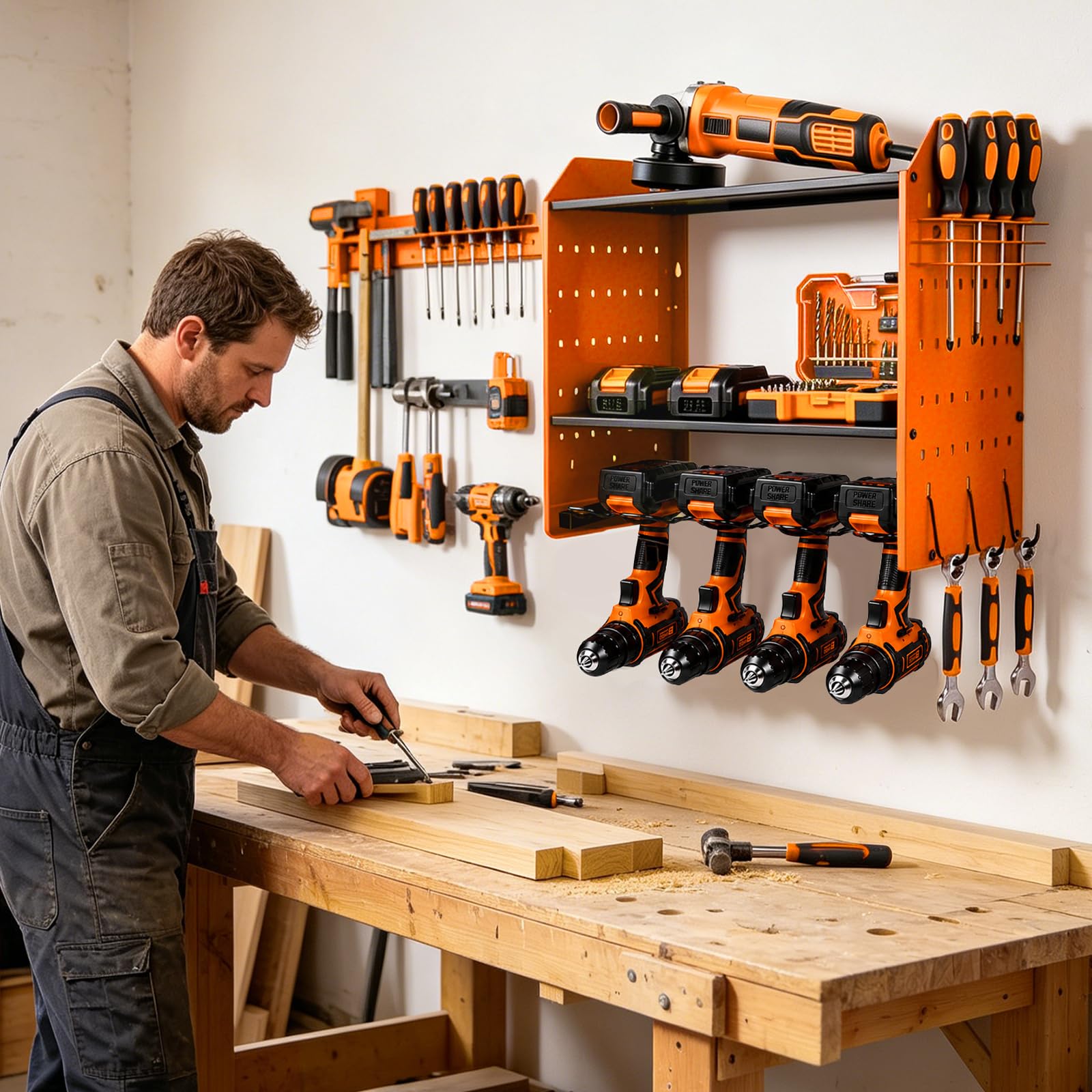 Soporte de pared para herramientas de 4 niveles, caja de almacenamiento para 4 herramientas eléctricas, taladro de impacto, portaherramientas para garaje y taller (naranja)