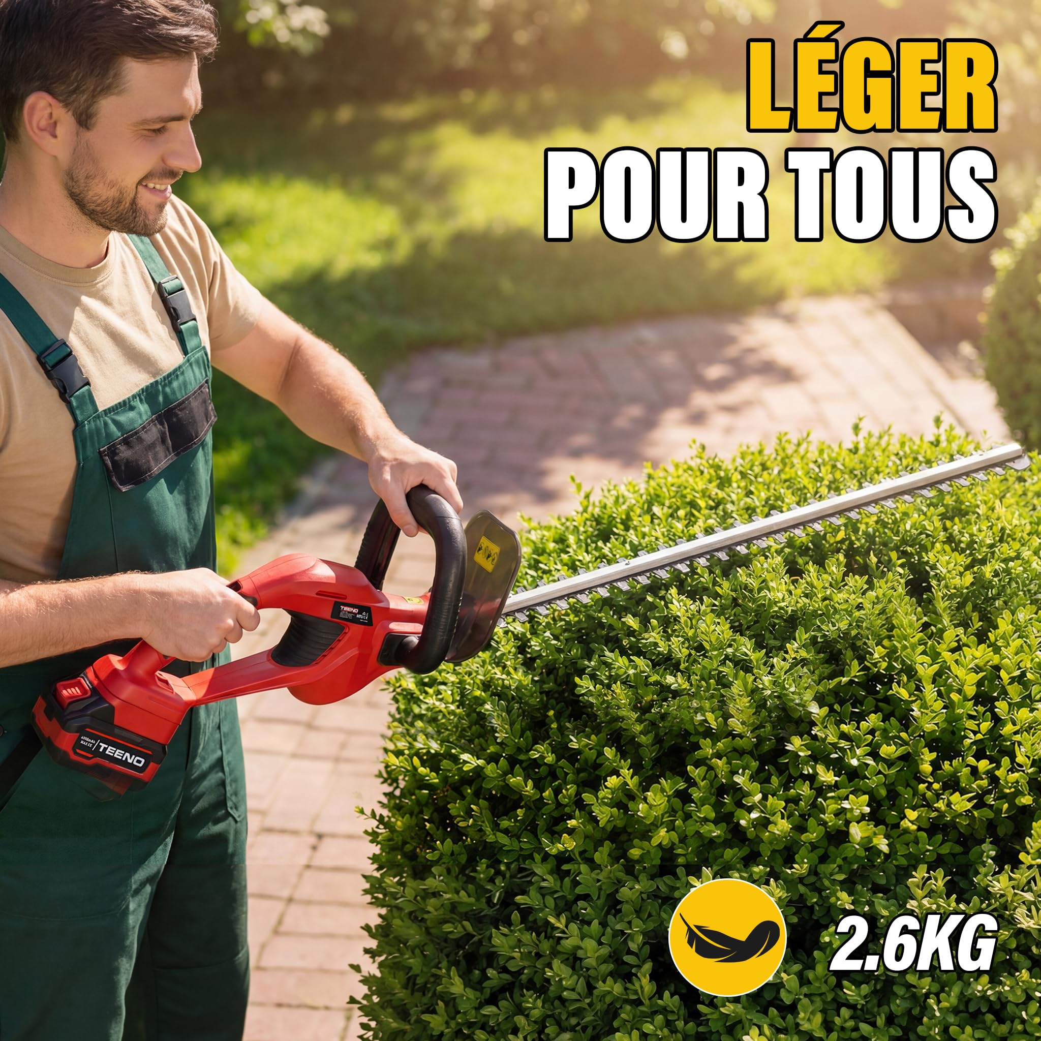 TEENO Taille Haie Batterie 20V,Taille Haie Electrique sans Fil avec 1 Batterie 4000mAh, Lame 52cm Coupe 16mm,Poignée Pivotante 180°,pour Jardin Haies Arbustes Buissons