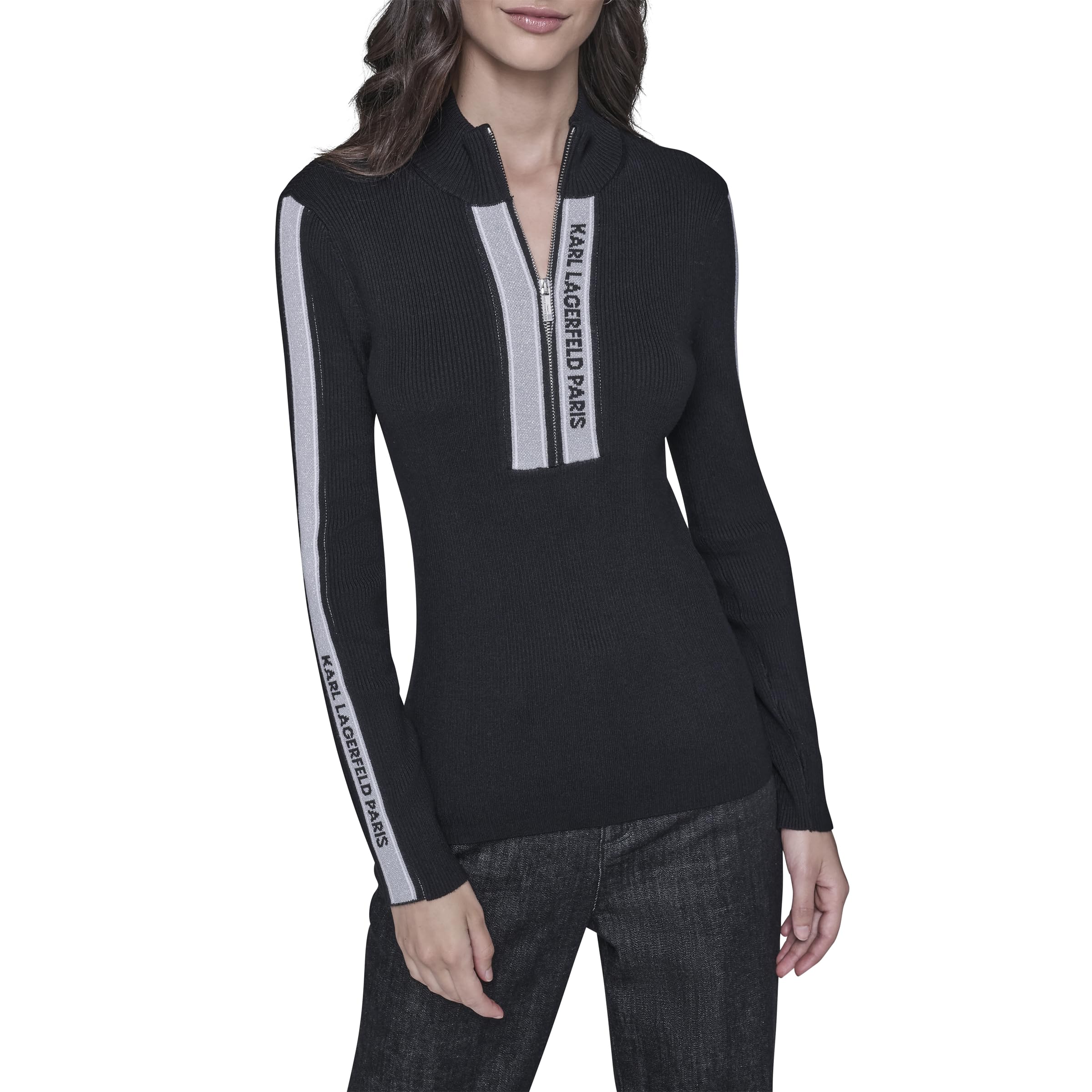 Karl Lagerfeld Womens Long Sleeve Mock Neck Logo Tape Zip Up Sweater