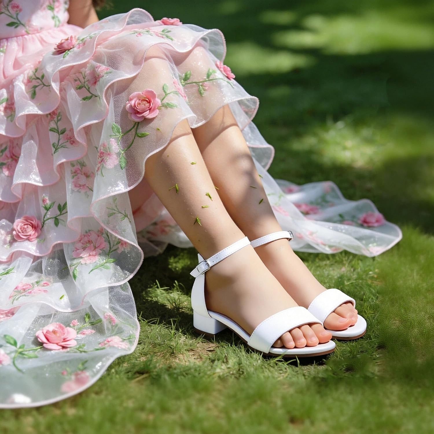 THEE BRON Girls Low Heel Sandals Ankle Strap Open Toe Party Wedding Flower Girl Pumps