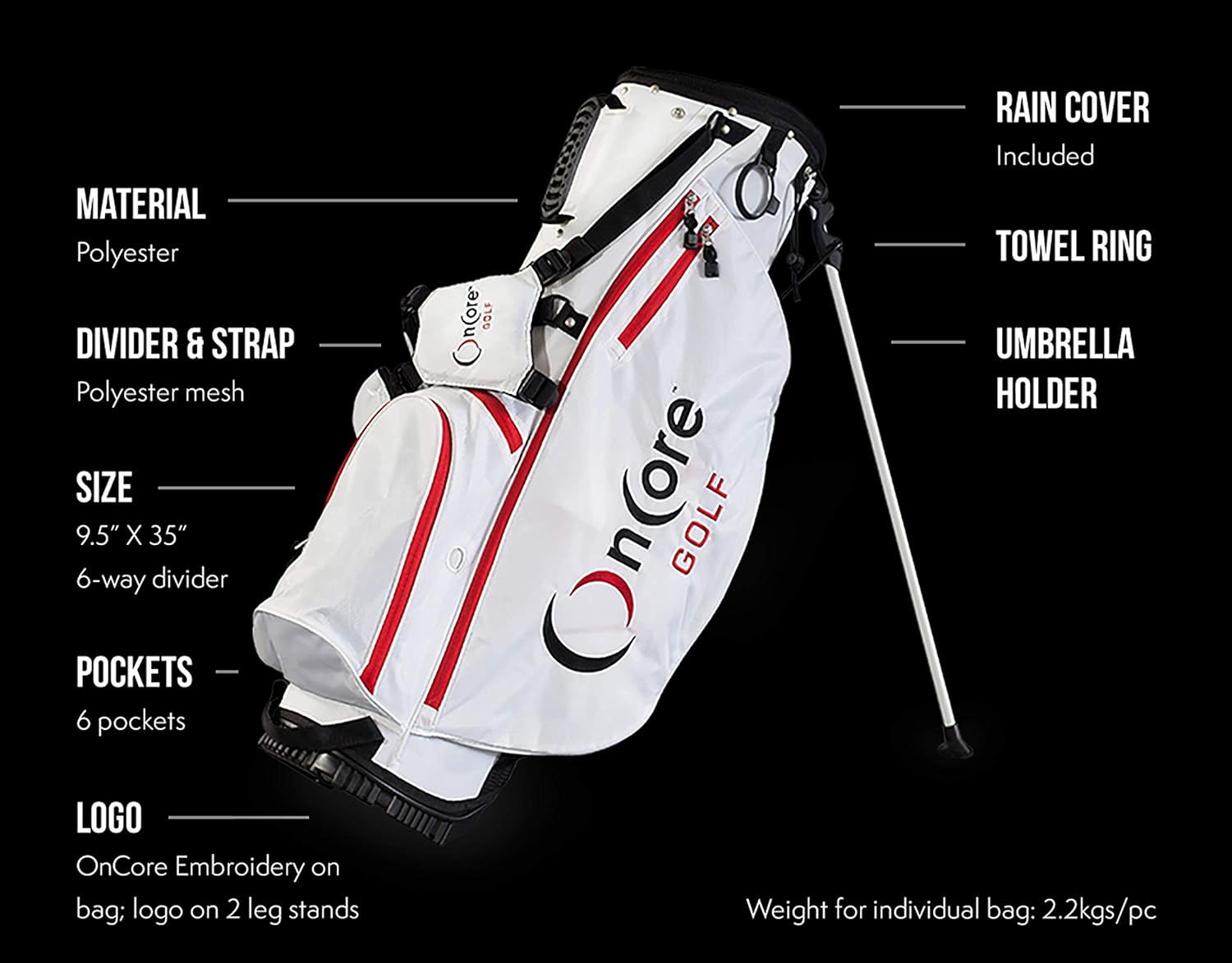 OnCore Golf Bags | Stand Golf Bag | Padded Carrying Strap | Full-Length Club Dividers | Lightweight & Durable Design | Umbrella Holder & Removable Rain Hood