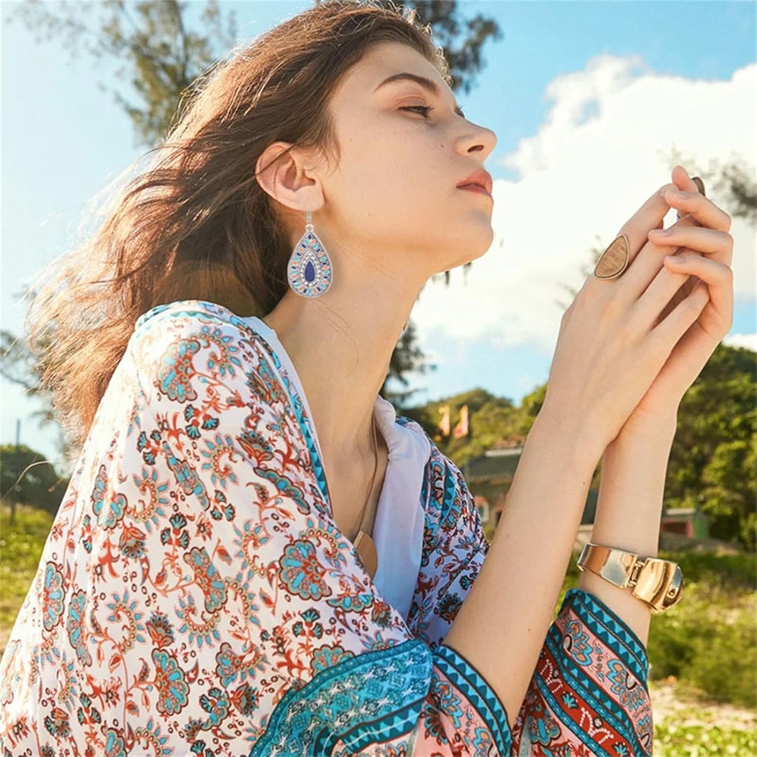 Handmade Bohemian Vintage Dangle Earrings Boho Fashion Hollow Metal Earrings Unique Antique Bronze Tribal Ethnic Teardrop Dangle Drop Earrings For Women Vintage Jewelry - Image 3