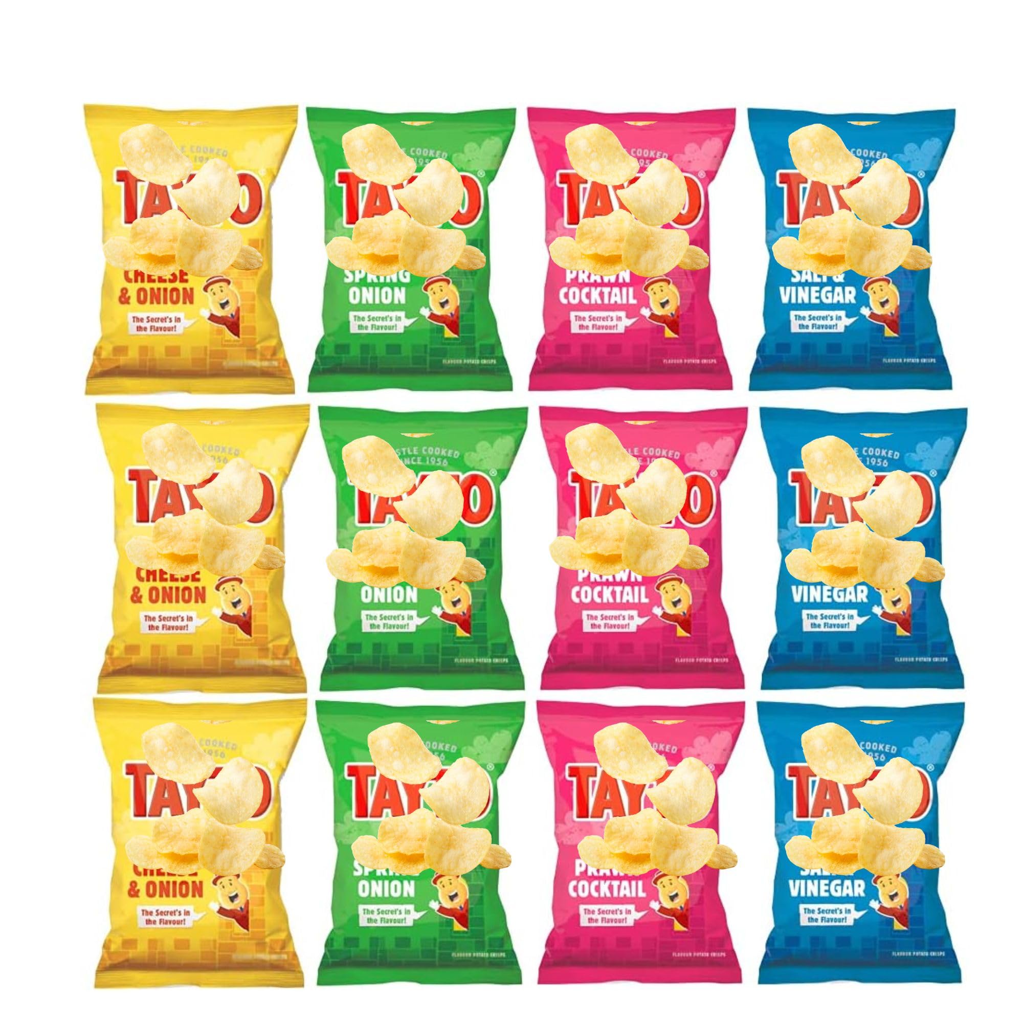 12 packs Assorted Crisps Prawn Cocktail Cheese Onion Salt Vinegar Spring Onion (12 x 25g bags)