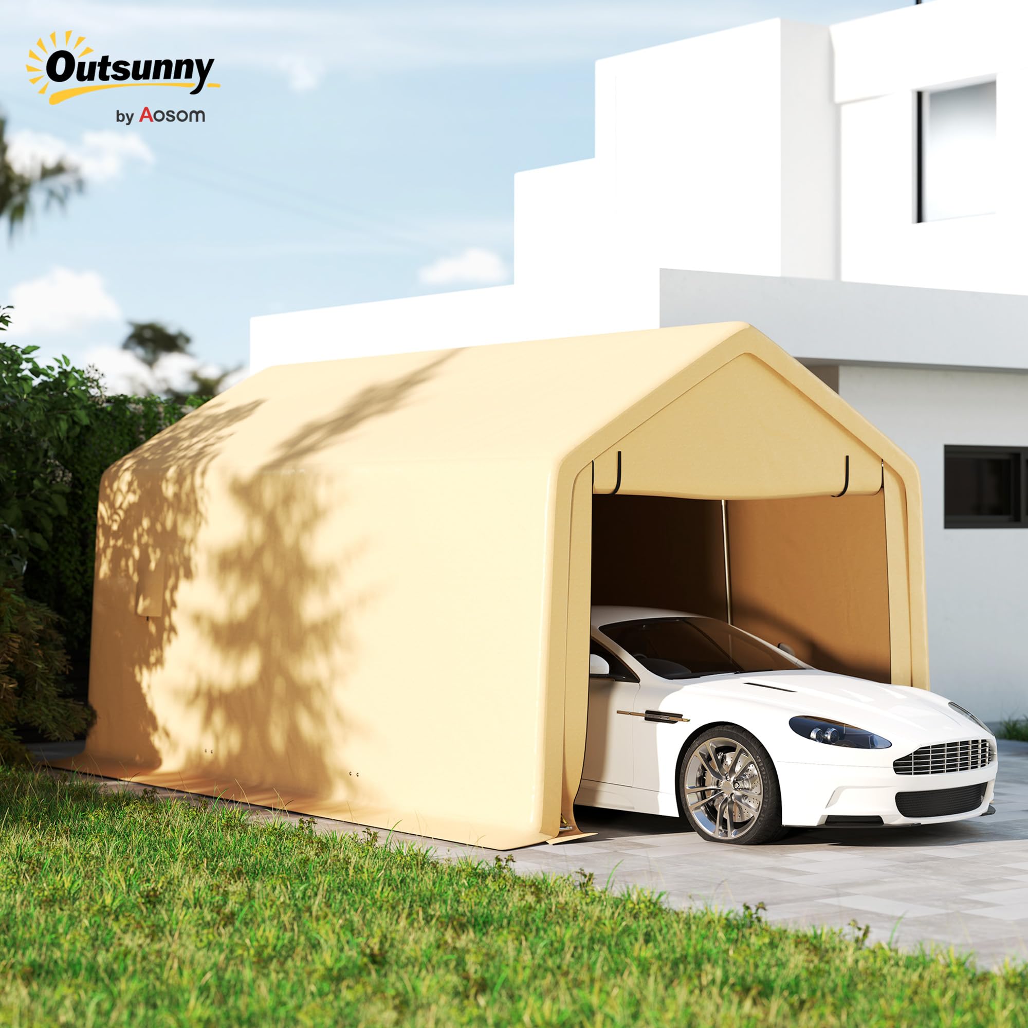 Outsunny Carport Carpa Garaje 3 x 5,2 m, carport Exterior, Carpa de Almacenamiento con Puerta Enrollable extraíble, carport para Coche, camión, Barco, Amarillo